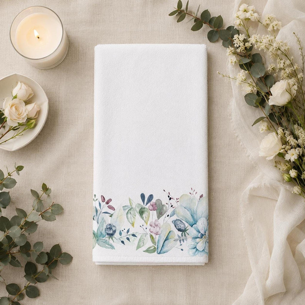 Guest Hand Towel, Blue Watercolor Floral Border, 15 x 25 Inch Cotton Terry Back