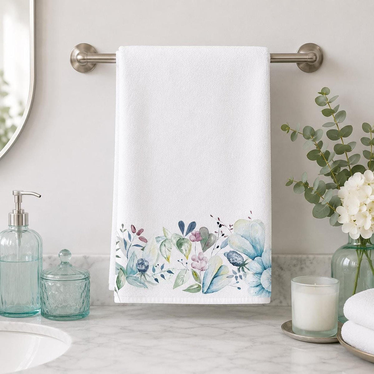 Guest Hand Towel, Blue Watercolor Floral Border, 15 x 25 Inch Cotton Terry Back