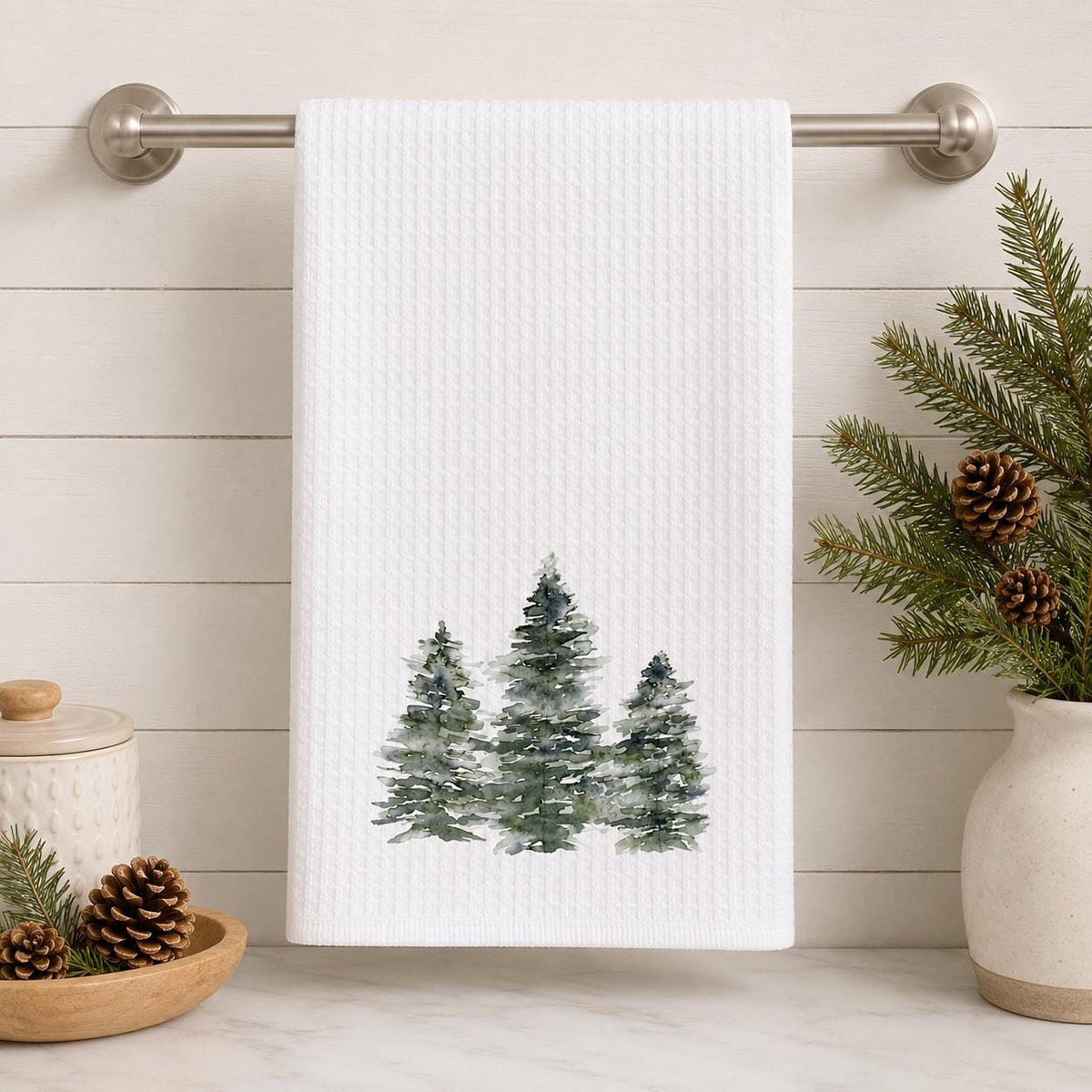 Nature Kitchen Towel, Microfiber Waffle Weave Evergreen Tree Design