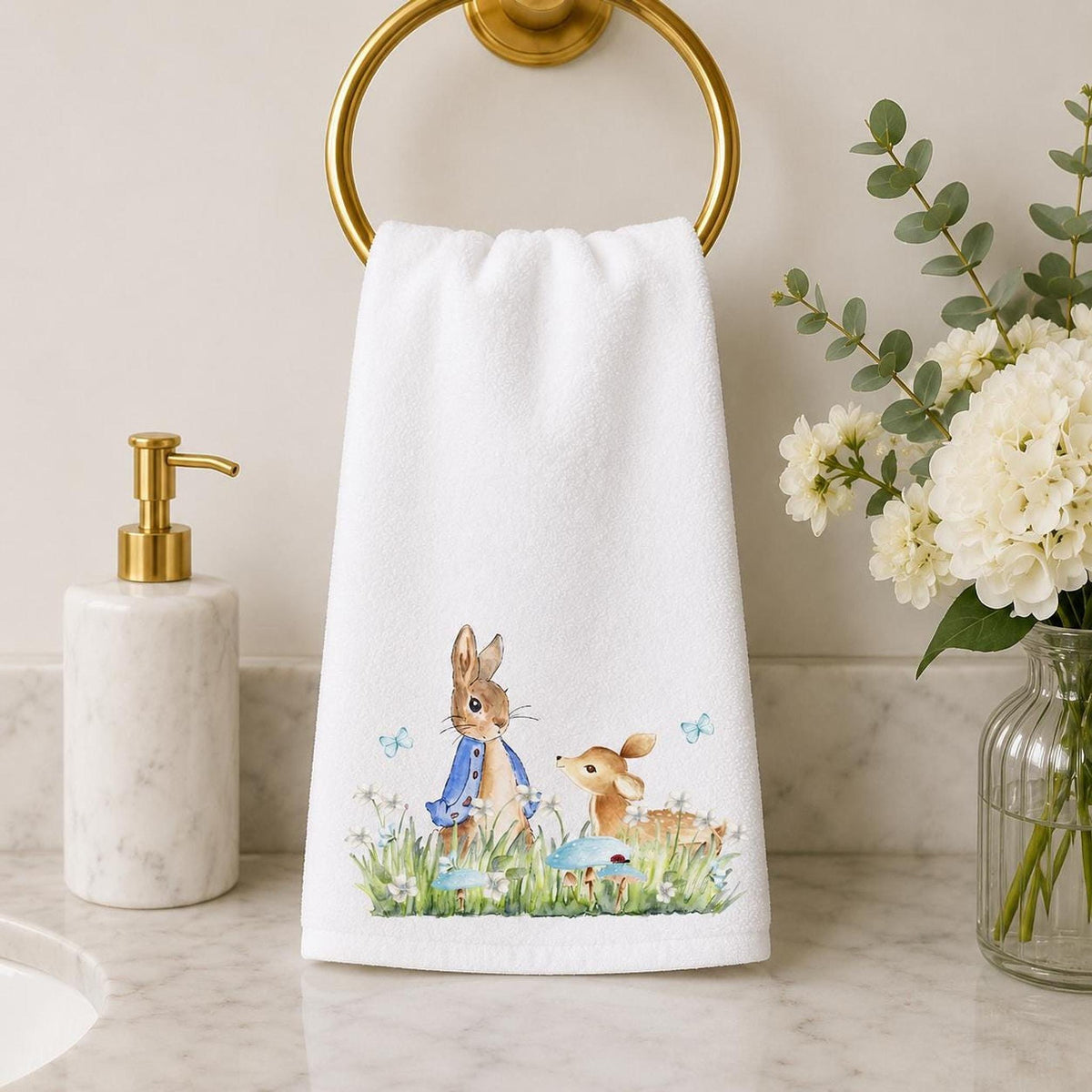 Easter Hand Towel, 15 x 25 Inch Cotton Terrycloth With Bunny Fawn Design