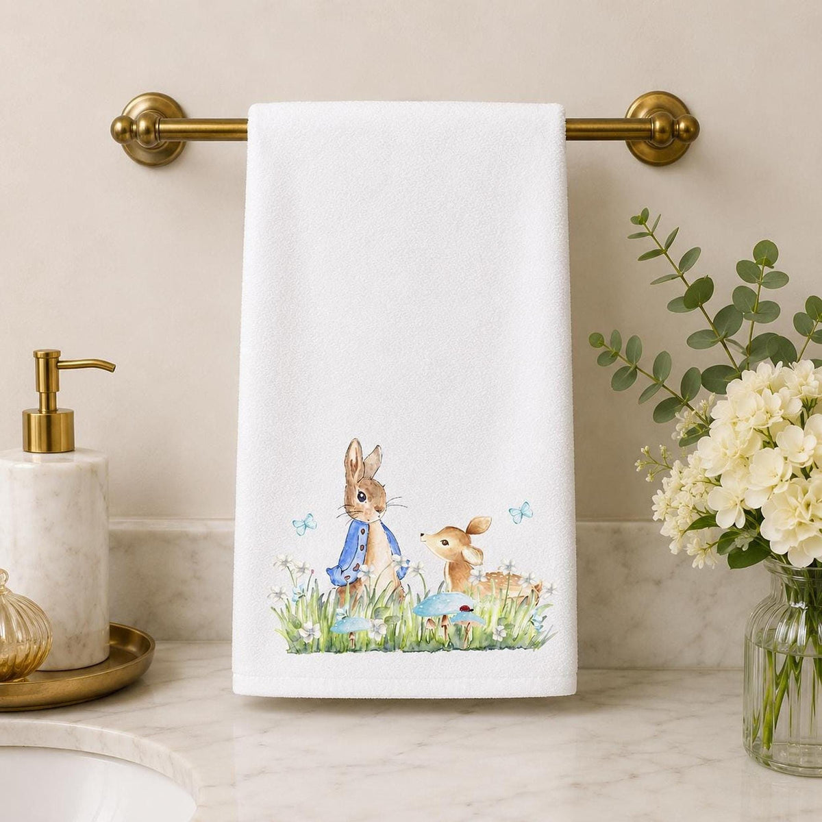 Easter Hand Towel, 15 x 25 Inch Cotton Terrycloth With Bunny Fawn Design