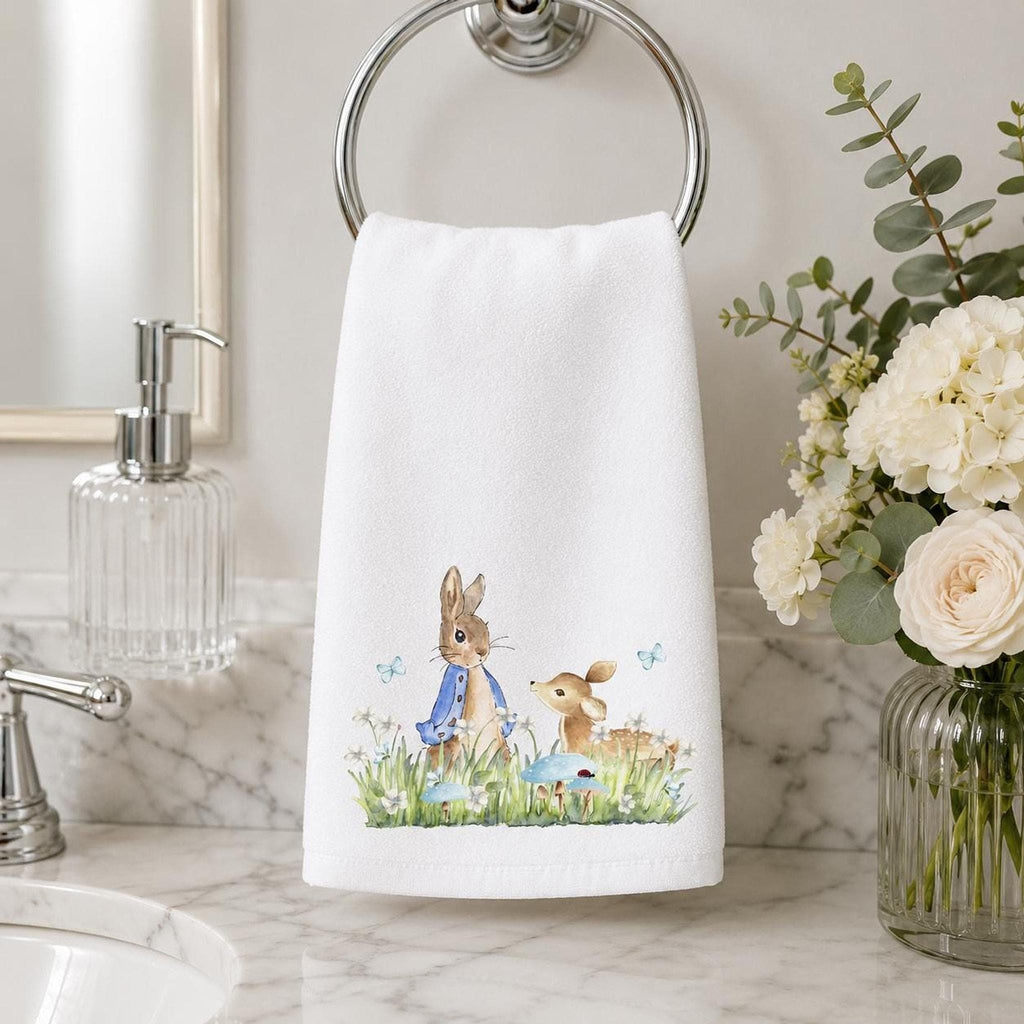 Easter Hand Towel, 15 x 25 Inch Cotton Terrycloth With Bunny Fawn Design