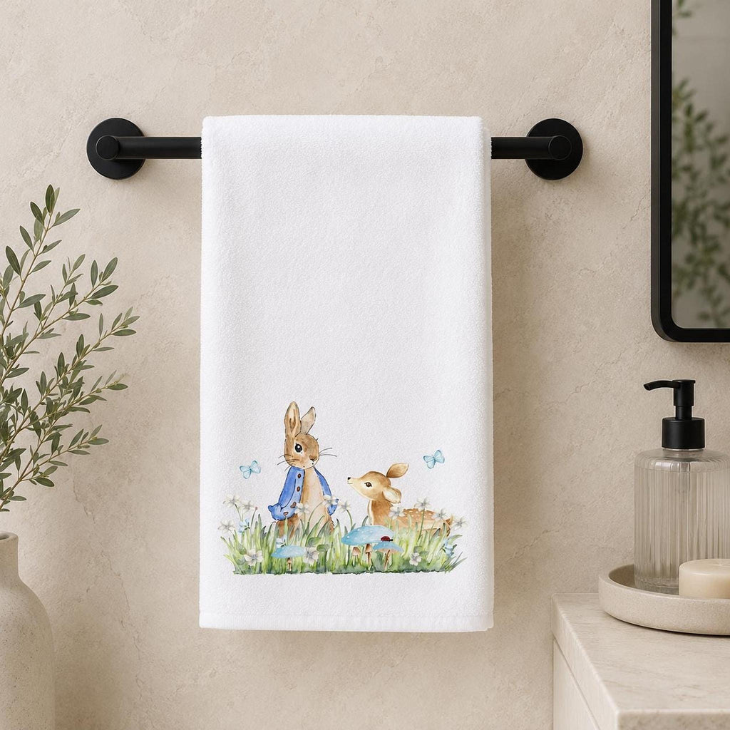 Easter Hand Towel, 15 x 25 Inch Cotton Terrycloth With Bunny Fawn Design