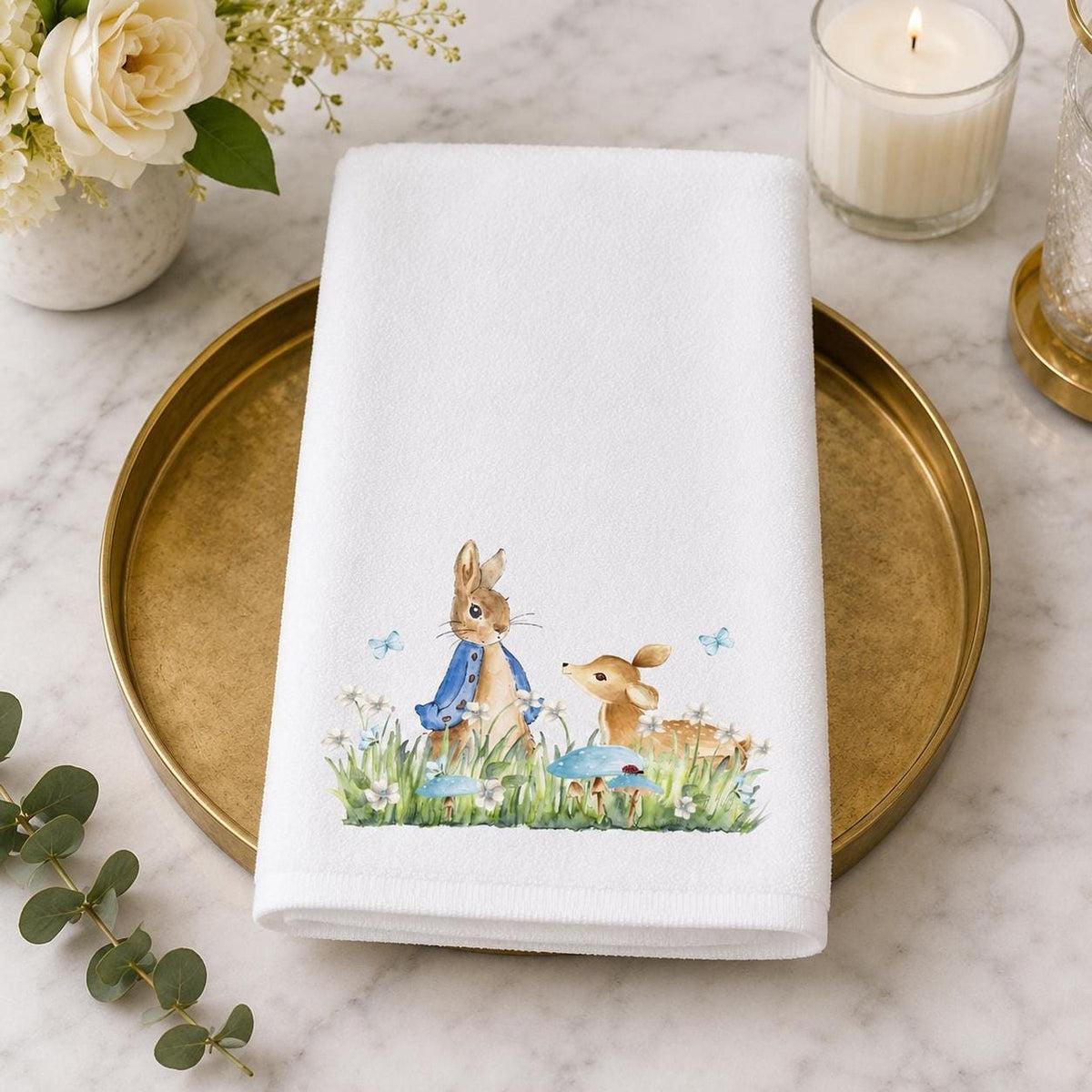 Easter Hand Towel, 15 x 25 Inch Cotton Terrycloth With Bunny Fawn Design