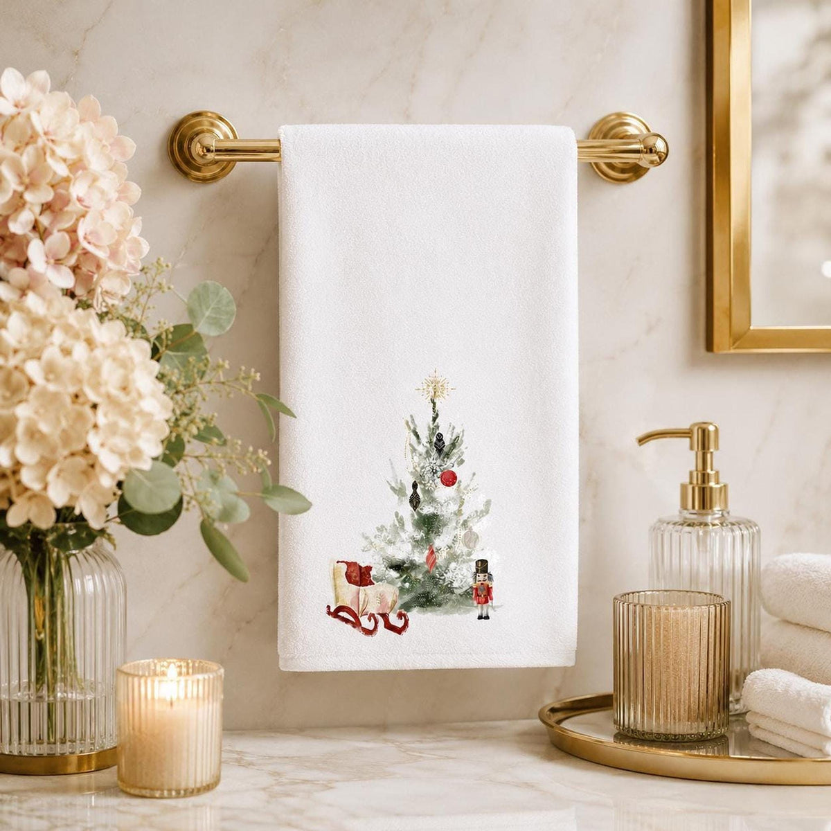 Christmas Towel, White Sheared Polyester 15 x 25 Inches with Nutcracker Sleigh Design
