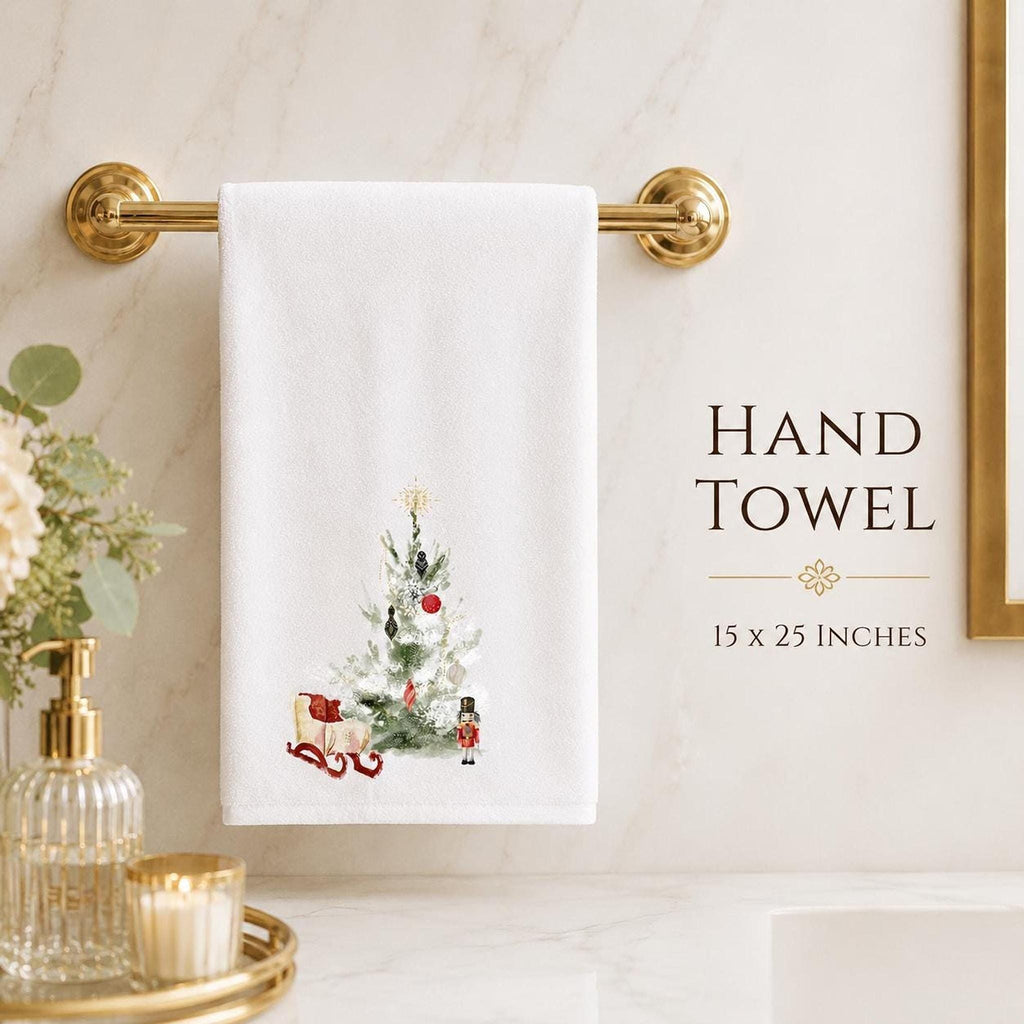 Christmas Towel, White Sheared Polyester 15 x 25 Inches with Nutcracker Sleigh Design