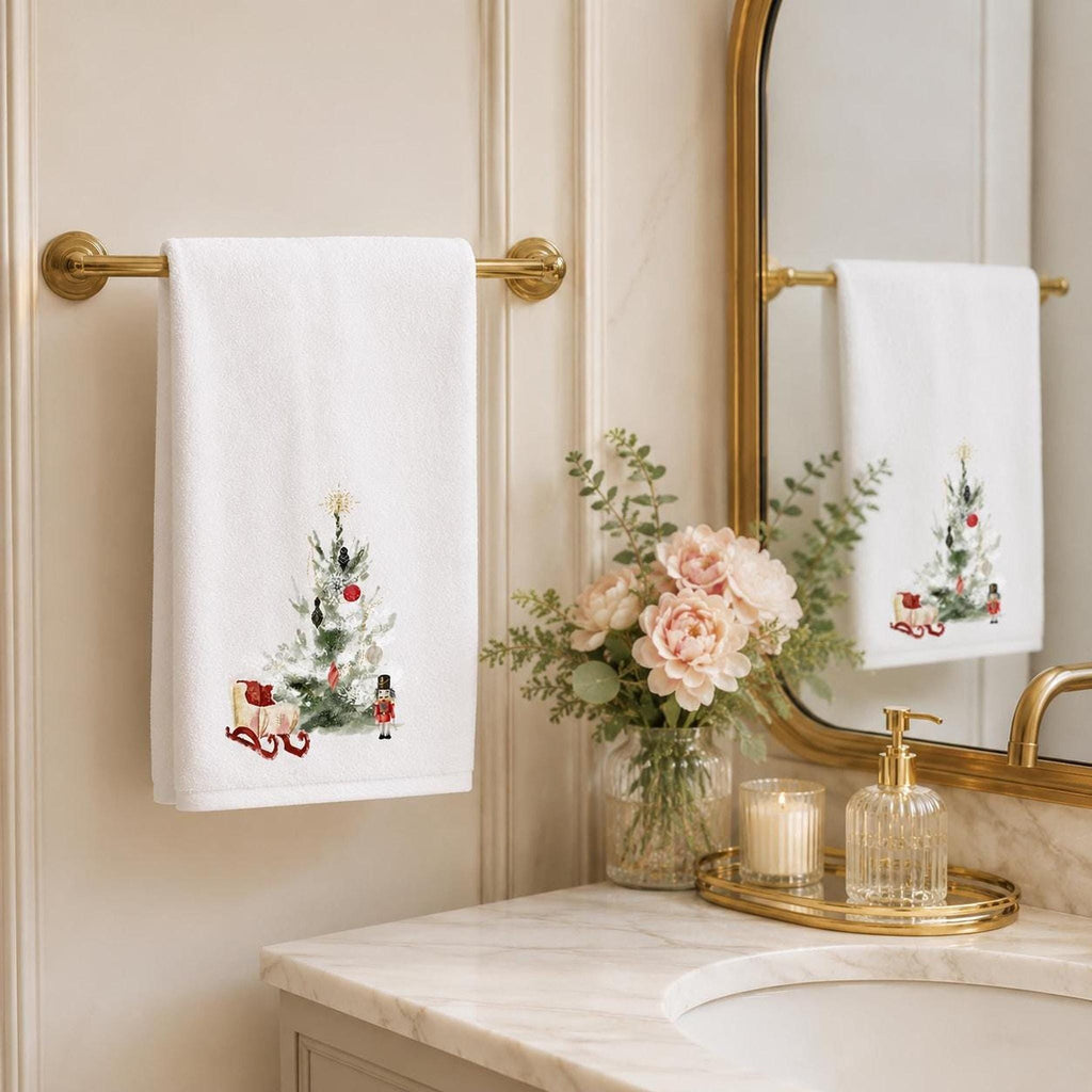 Christmas Towel, White Sheared Polyester 15 x 25 Inches with Nutcracker Sleigh Design