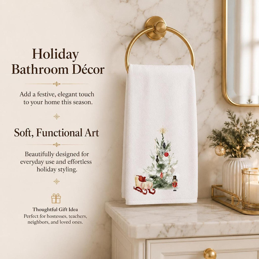 Christmas Towel, White Sheared Polyester 15 x 25 Inches with Nutcracker Sleigh Design