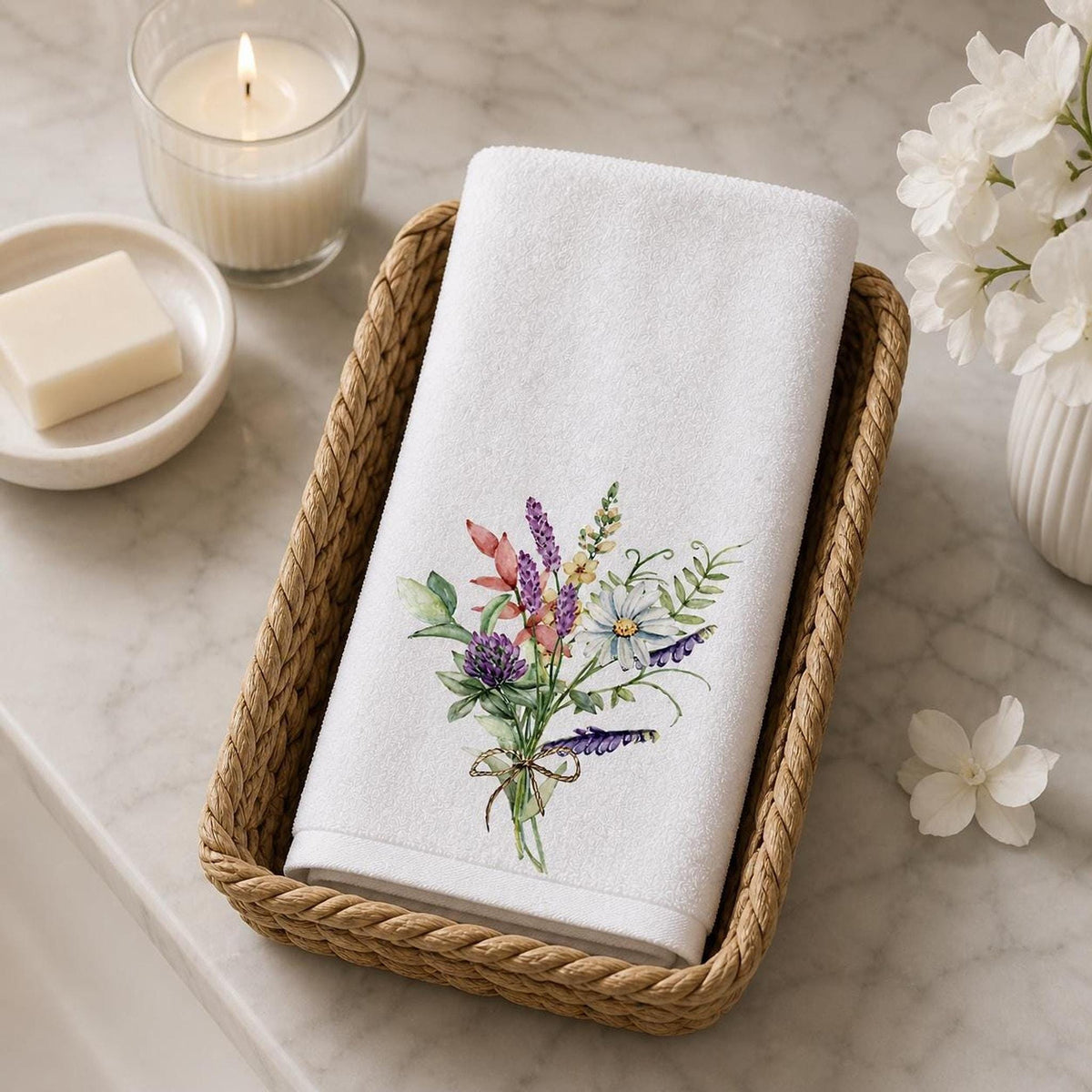 Soft Cotton Towel, Floral Bouquet Print with Sheared Polyester Front
