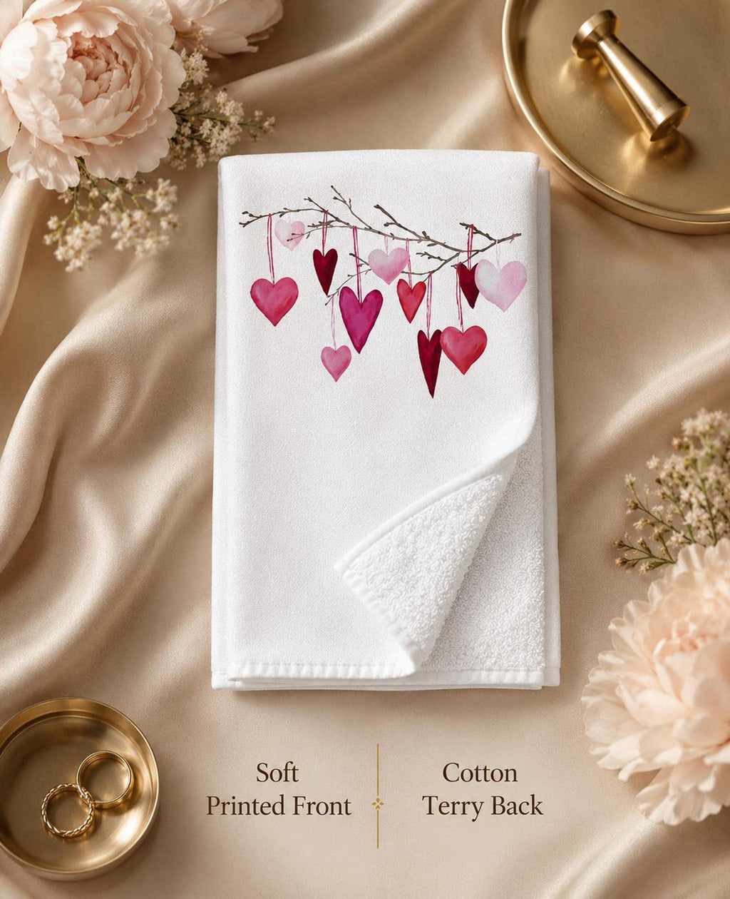 Valentine Towel, White Cotton Terrycloth with Hanging Pink Hearts