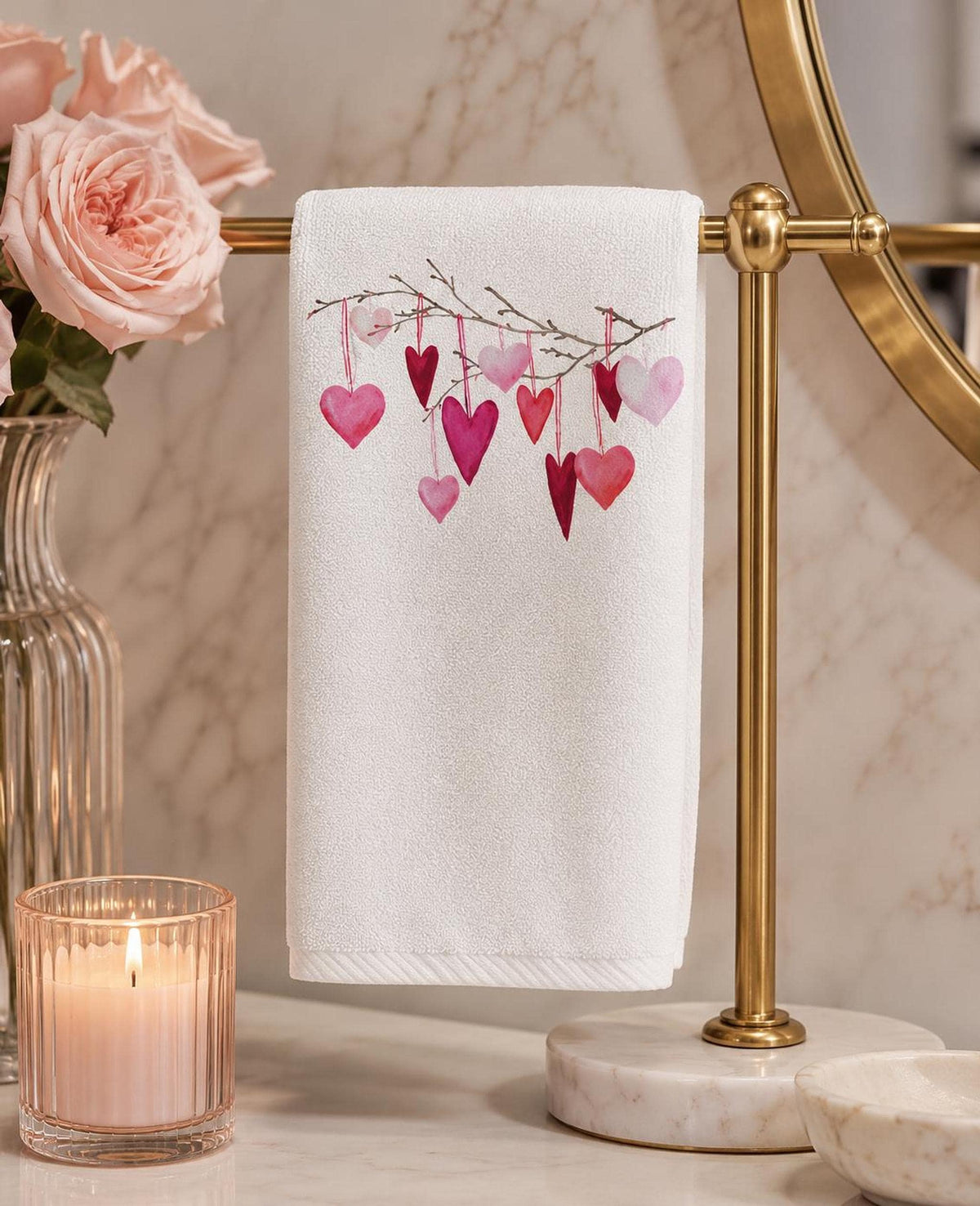 Valentine Towel, White Cotton Terrycloth with Hanging Pink Hearts