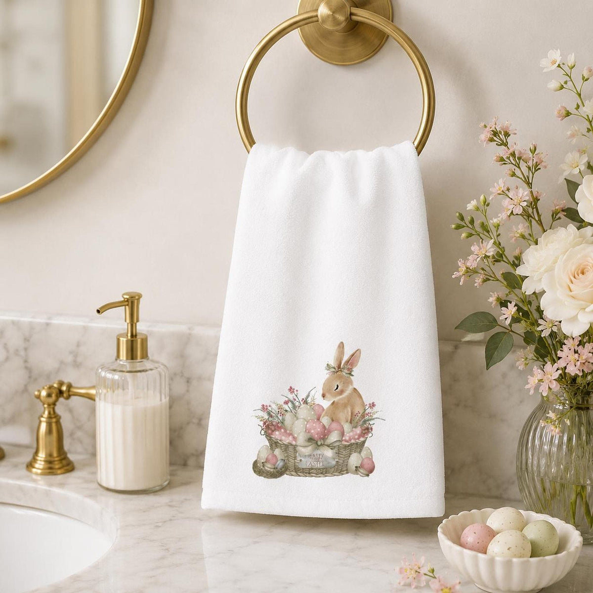 Farmhouse Bathroom Easter Bunny Hand Towel, 15 x 25 Inch Cotton Terrycloth