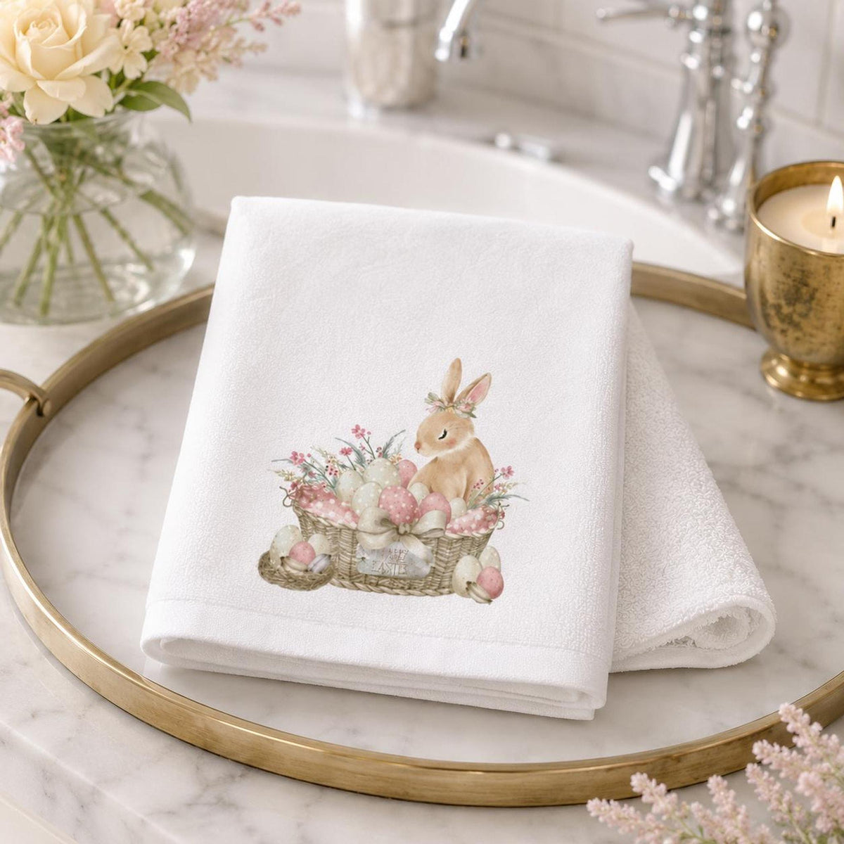 Farmhouse Bathroom Easter Bunny Hand Towel, 15 x 25 Inch Cotton Terrycloth