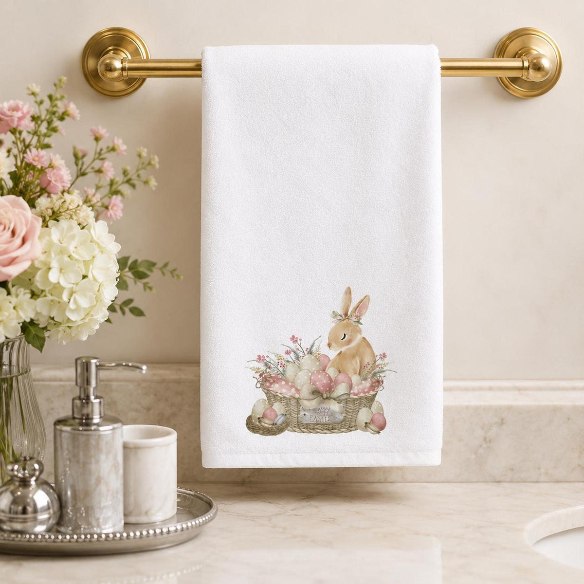 Farmhouse Bathroom Easter Bunny Hand Towel, 15 x 25 Inch Cotton Terrycloth