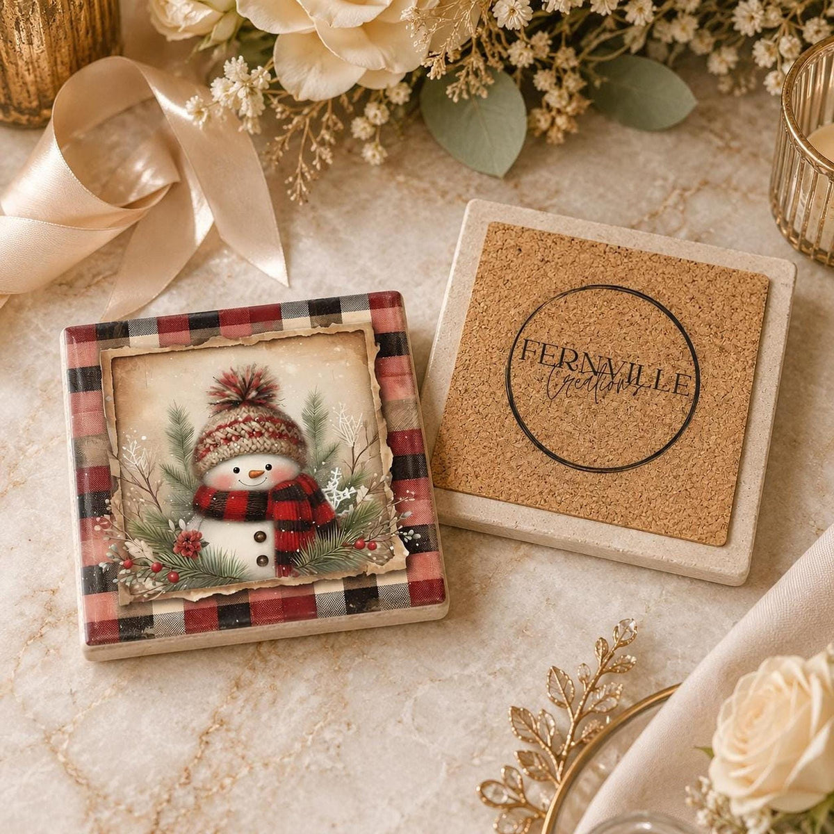 Snowman Coaster, Square Ceramic Christmas Drink Tile with Buffalo Plaid