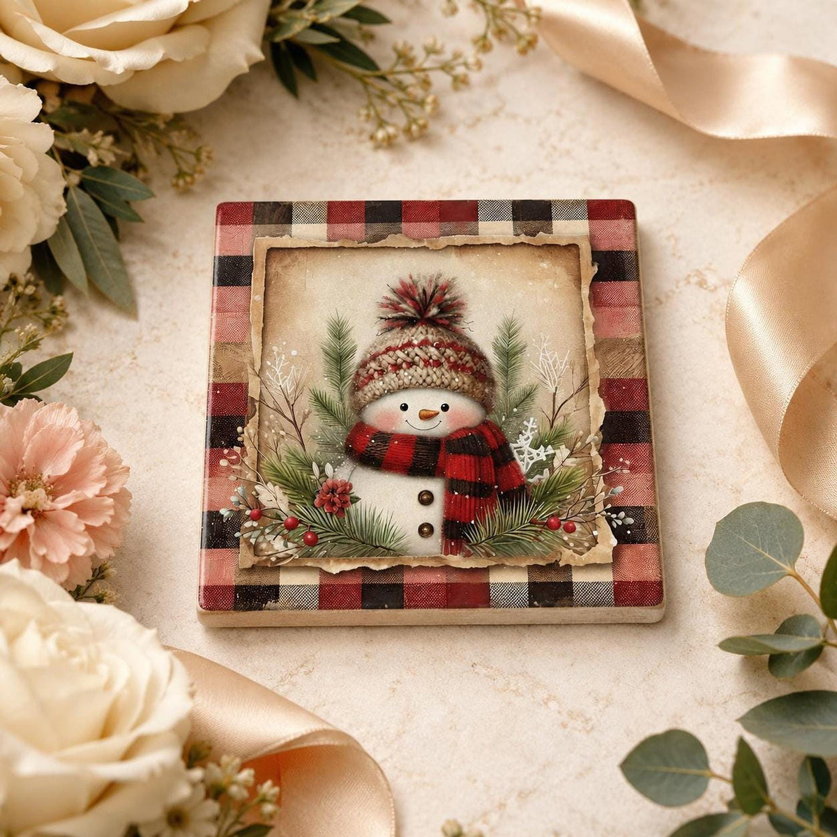 Snowman Coaster, Square Ceramic Christmas Drink Tile with Buffalo Plaid