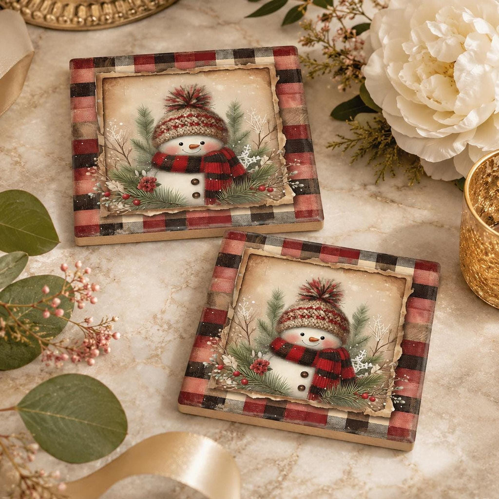 Snowman Coaster, Square Ceramic Christmas Drink Tile with Buffalo Plaid