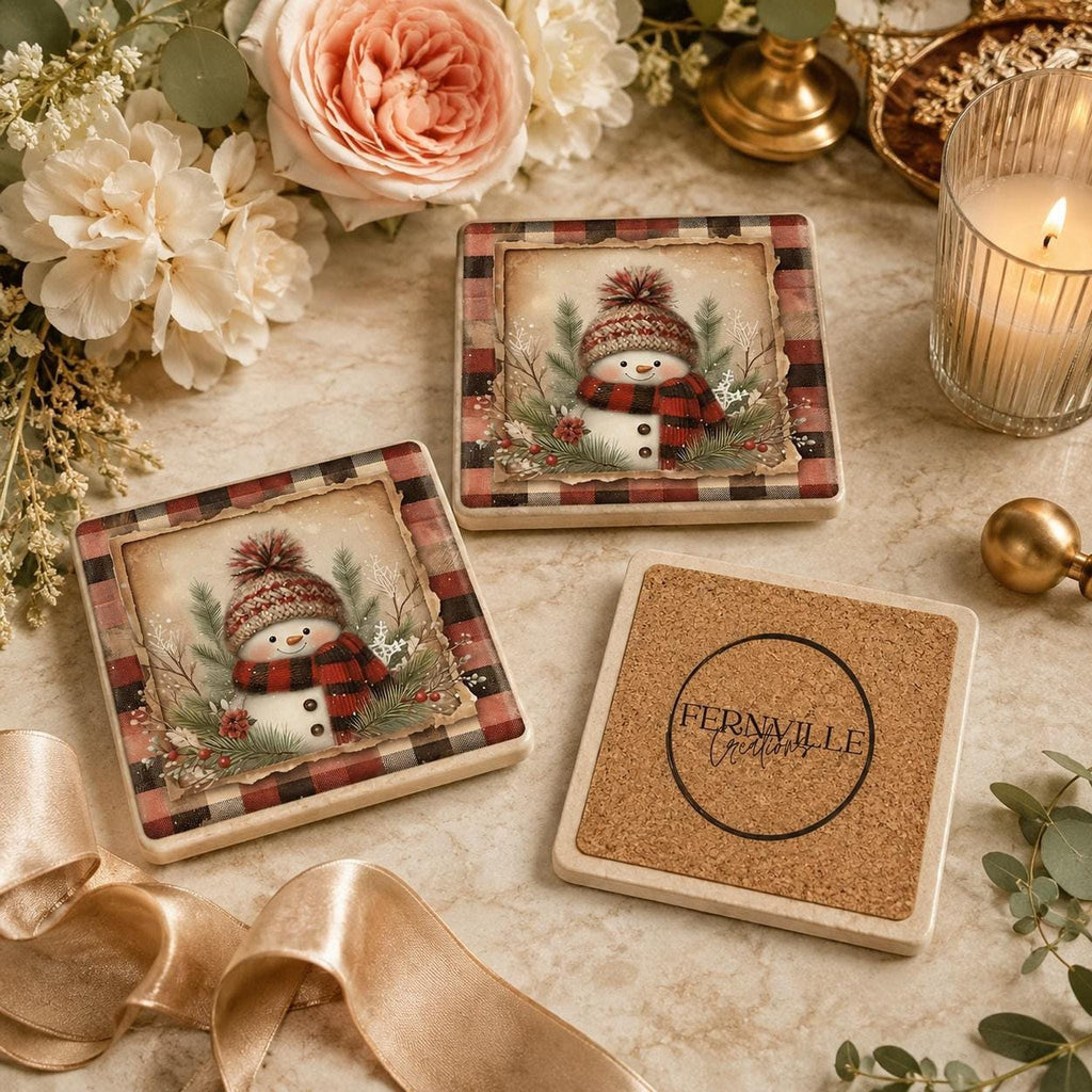 Snowman Coaster, Square Ceramic Christmas Drink Tile with Buffalo Plaid