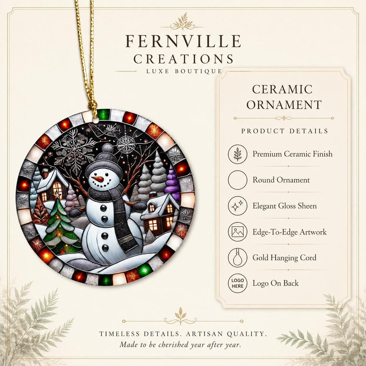 Snowman Ornament, Round Ceramic Winter Village Decor, Glossy Printed Holiday Keepsake