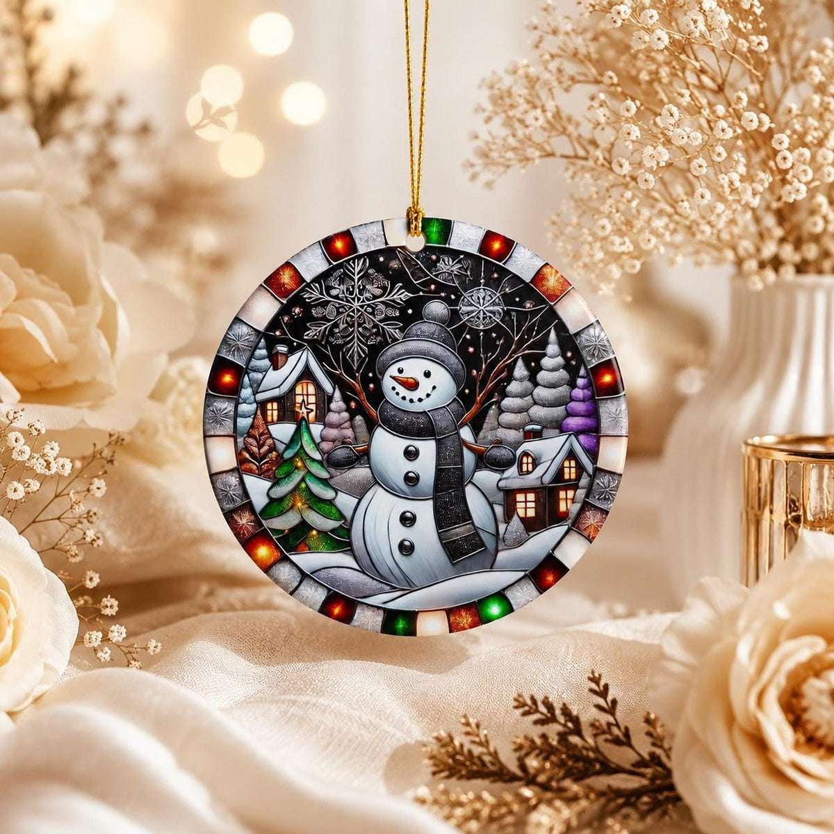 Snowman Ornament, Round Ceramic Winter Village Decor, Glossy Printed Holiday Keepsake