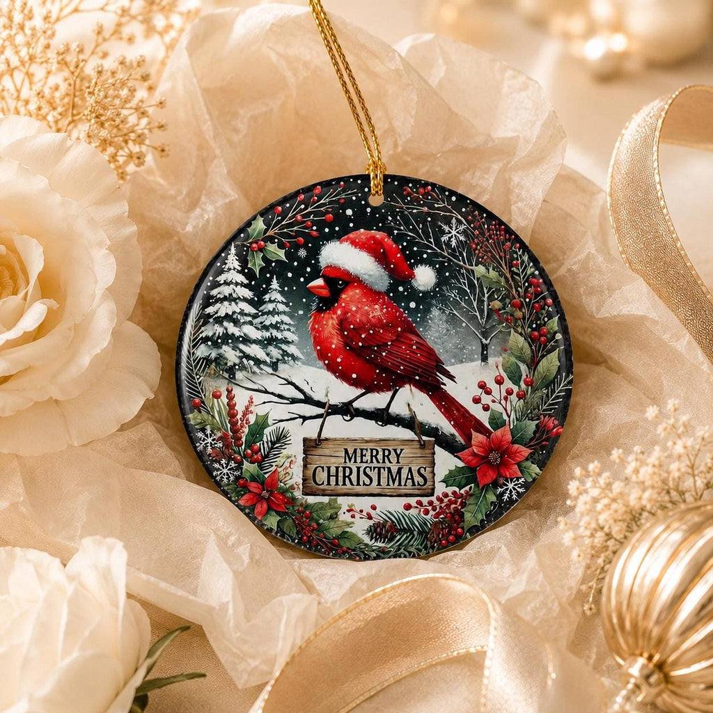 Cardinal Ornament, 3-Inch Glossy Ceramic Snow Scene Christmas Keepsake