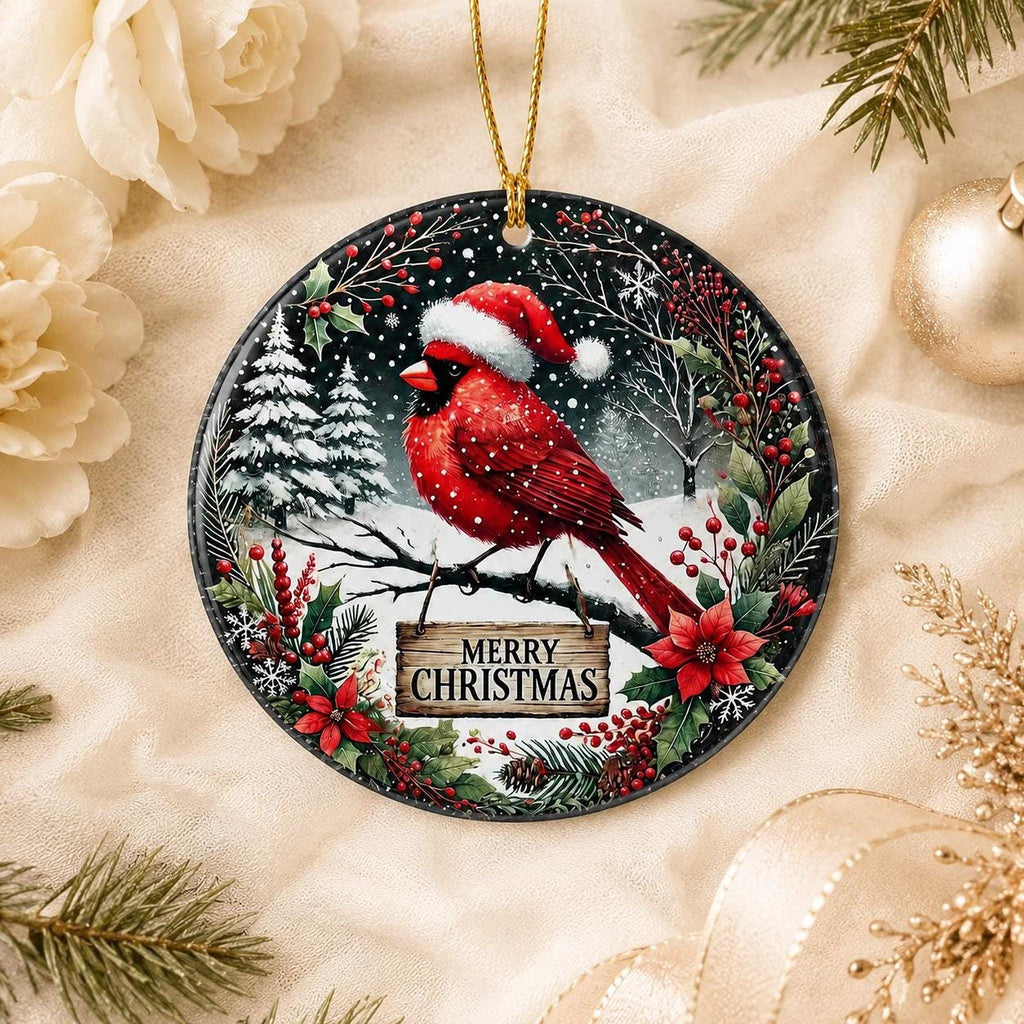Cardinal Ornament, 3-Inch Glossy Ceramic Snow Scene Christmas Keepsake