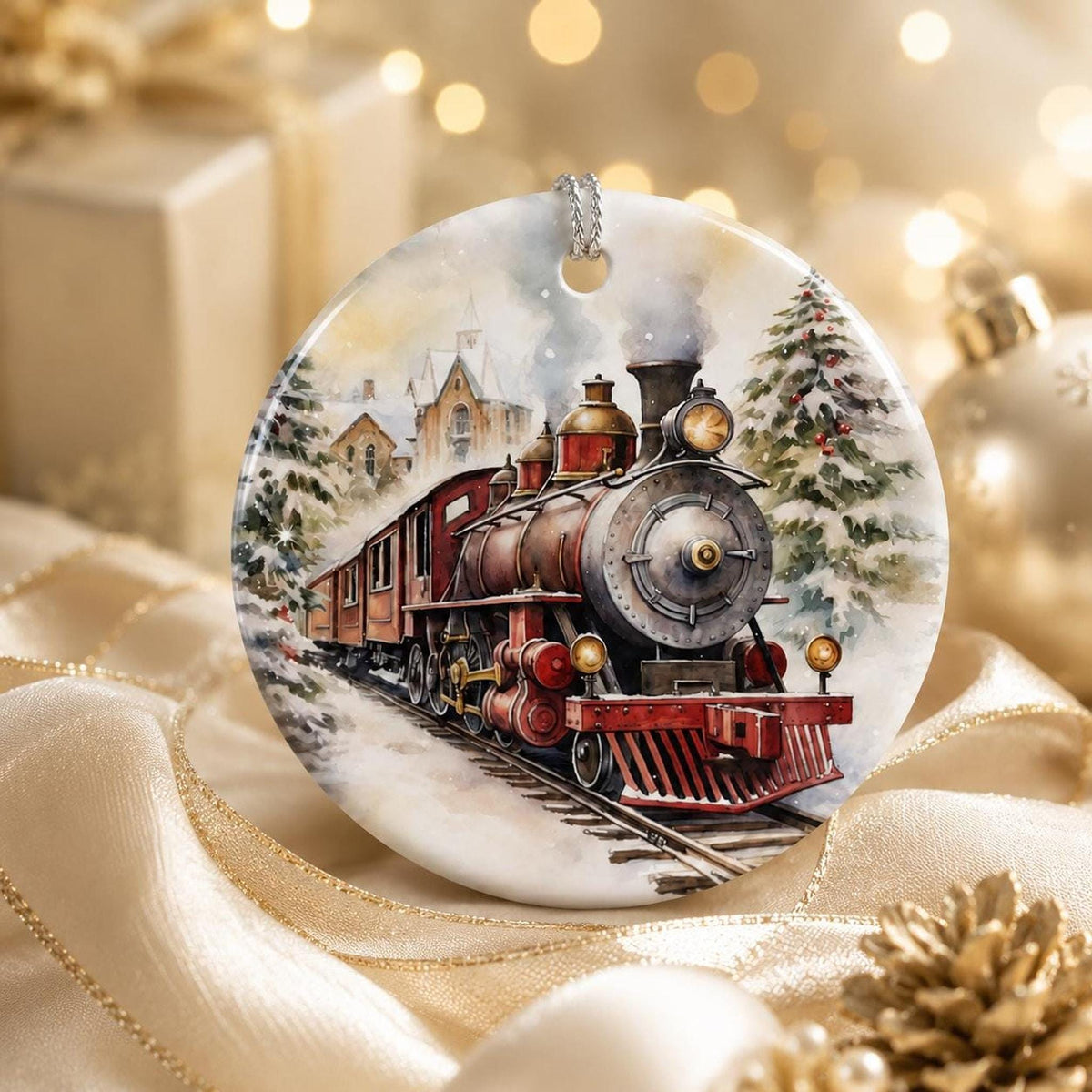 Christmas Train Ornament, Glossy Ceramic Keepsake with Vintage Steam Engine