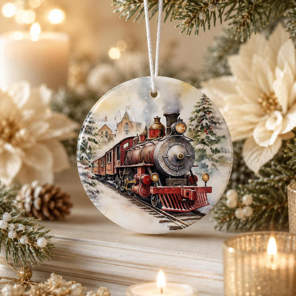 Christmas Train Ornament, Glossy Ceramic Keepsake with Vintage Steam Engine