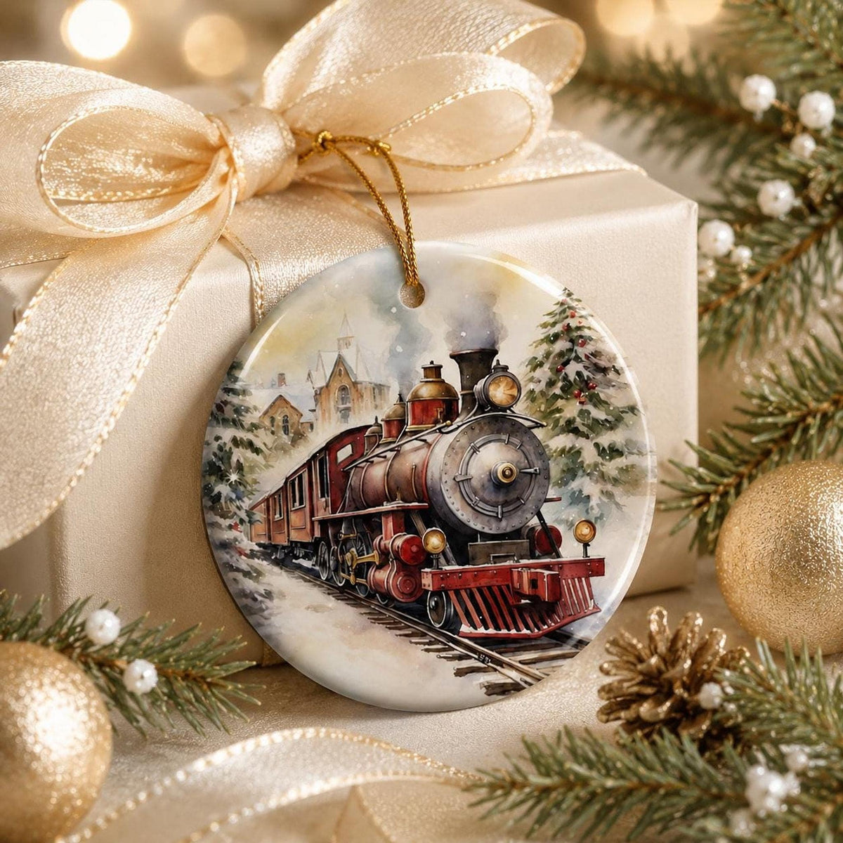 Christmas Train Ornament, Glossy Ceramic Keepsake with Vintage Steam Engine