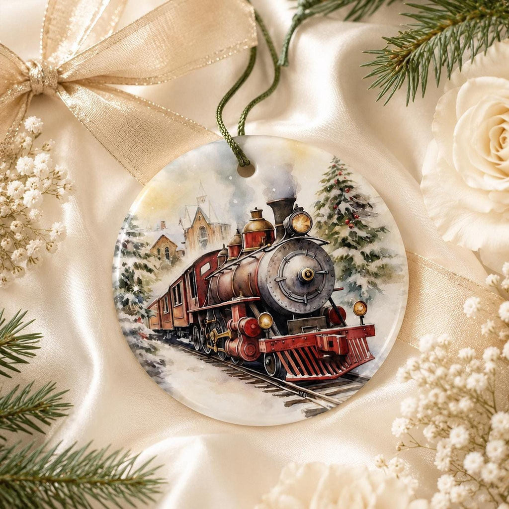 Christmas Train Ornament, Glossy Ceramic Keepsake with Vintage Steam Engine