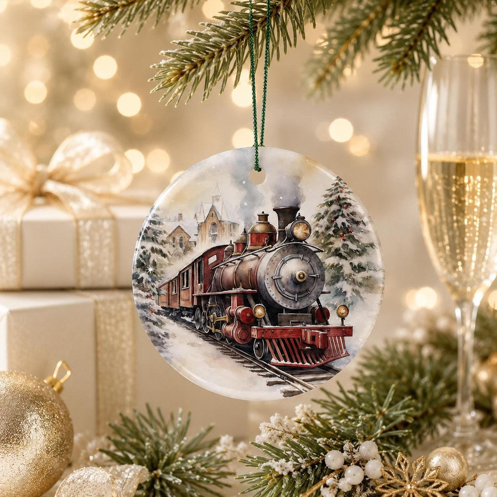 Christmas Train Ornament, Glossy Ceramic Keepsake with Vintage Steam Engine