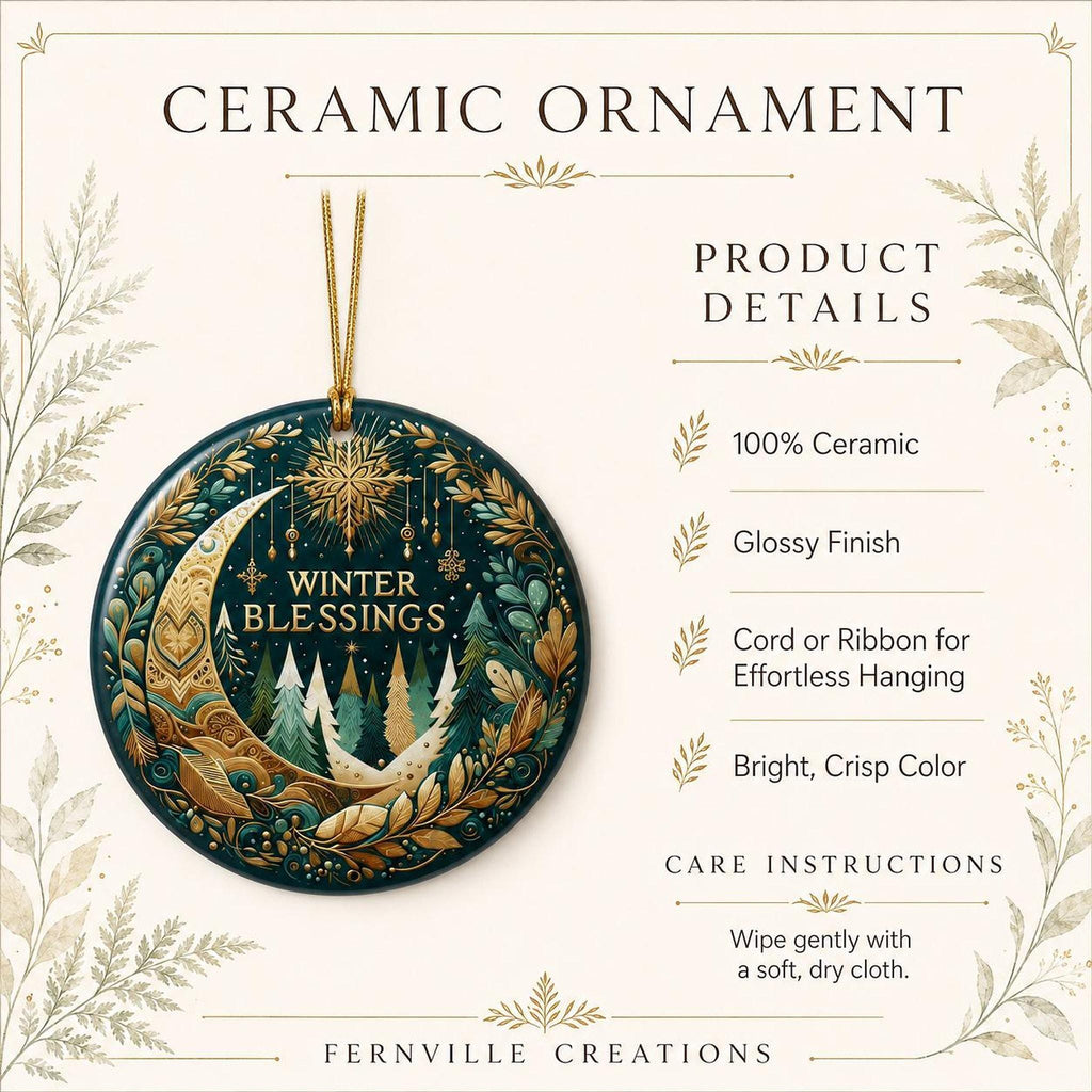Ceramic Ornament, 3-Inch Round Winter Blessings Moon Forest Design