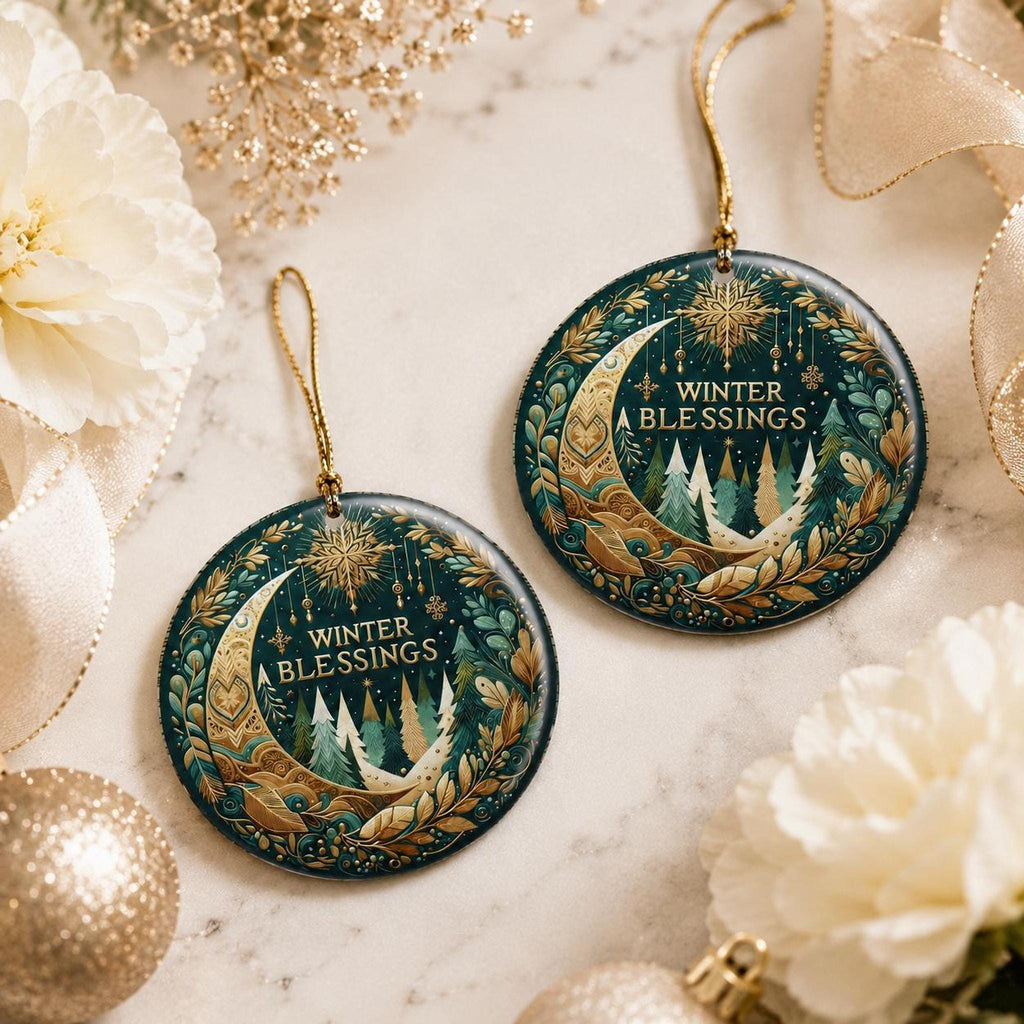 Ceramic Ornament, 3-Inch Round Winter Blessings Moon Forest Design