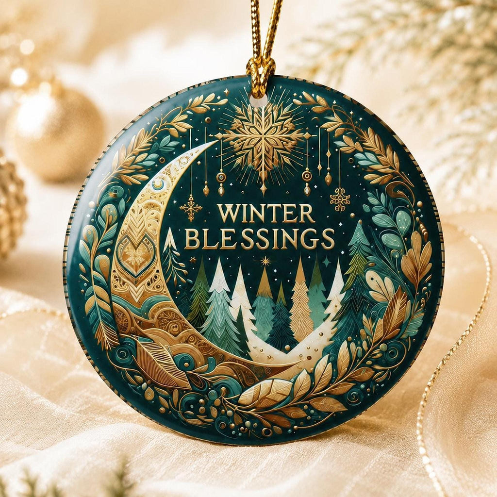 Ceramic Ornament, 3-Inch Round Winter Blessings Moon Forest Design