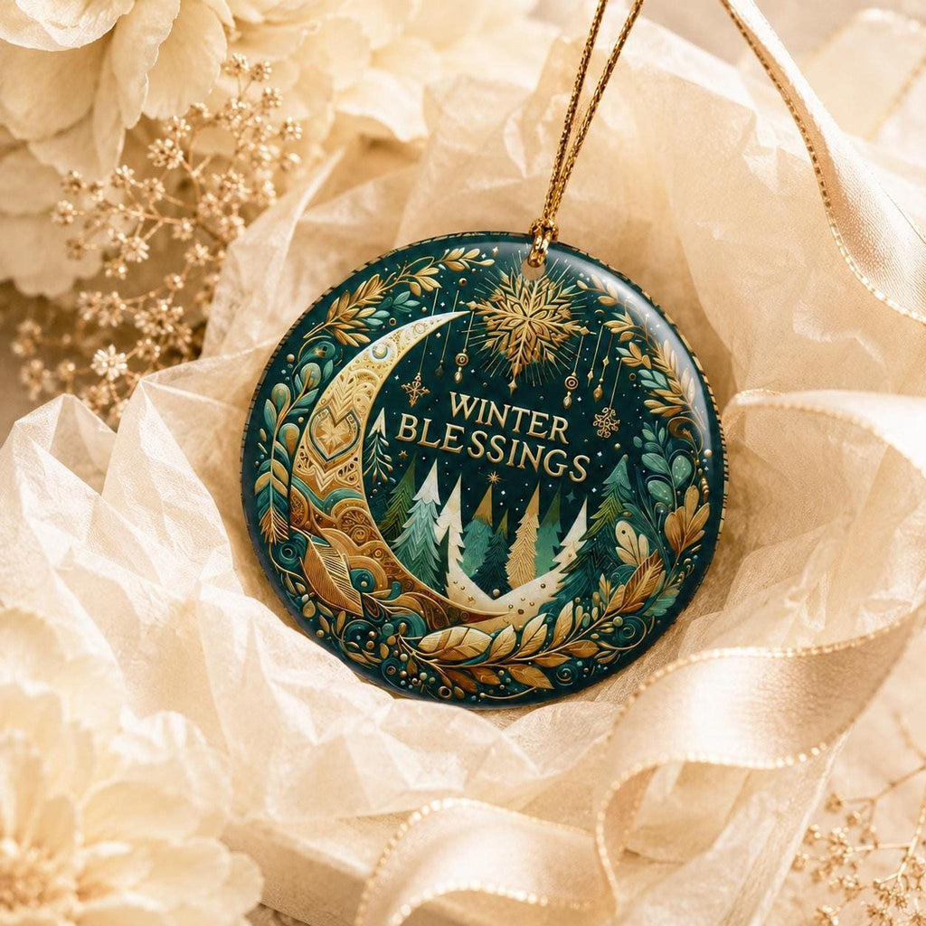 Ceramic Ornament, 3-Inch Round Winter Blessings Moon Forest Design