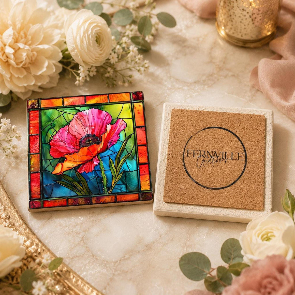 Poppy Flower Gift Ceramic Coaster, 4.25-Inch Stained-Glass Style Decor