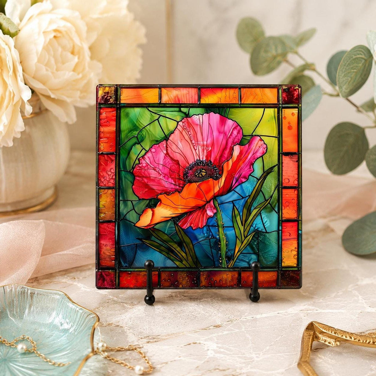 Poppy Flower Gift Ceramic Coaster, 4.25-Inch Stained-Glass Style Decor