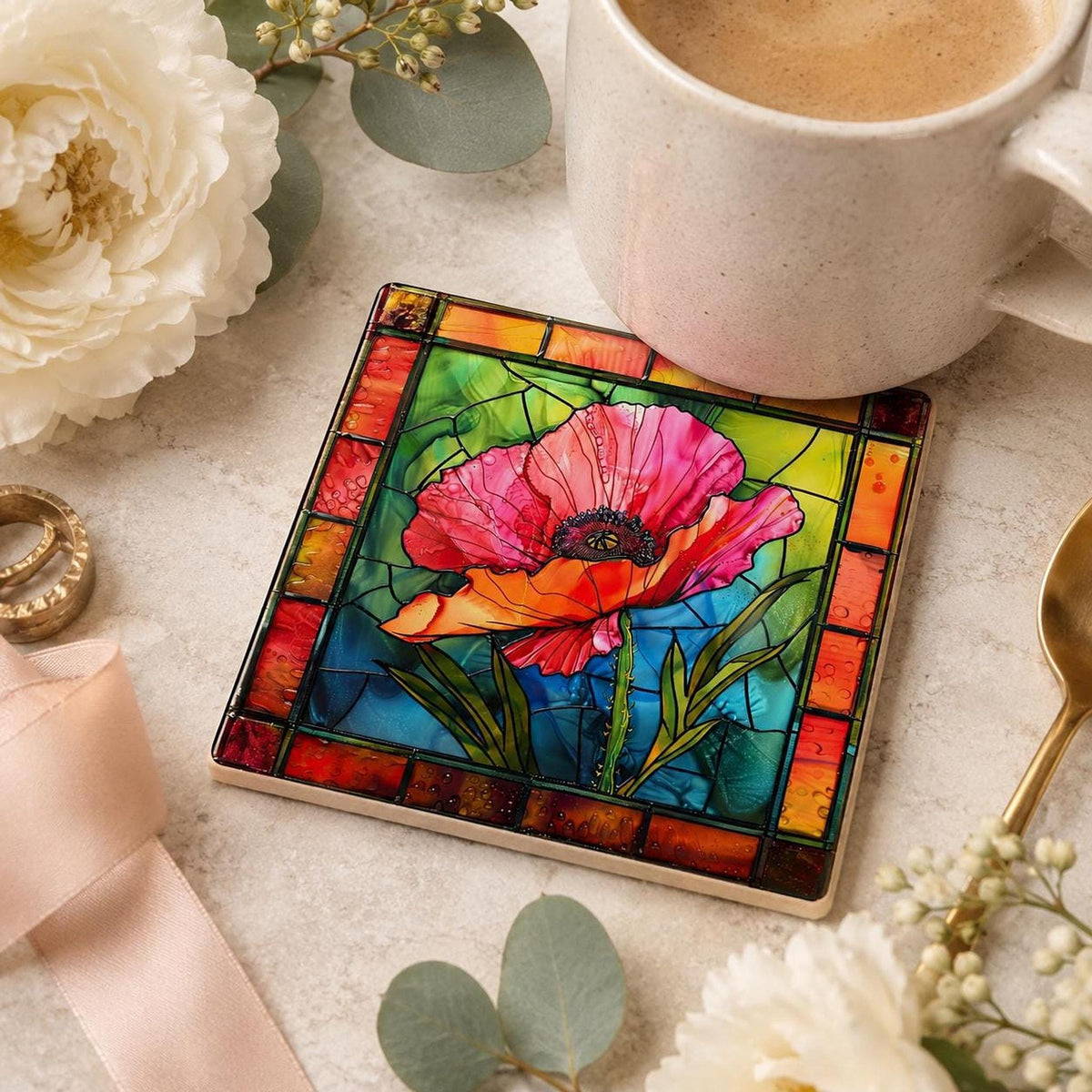 Poppy Flower Gift Ceramic Coaster, 4.25-Inch Stained-Glass Style Decor