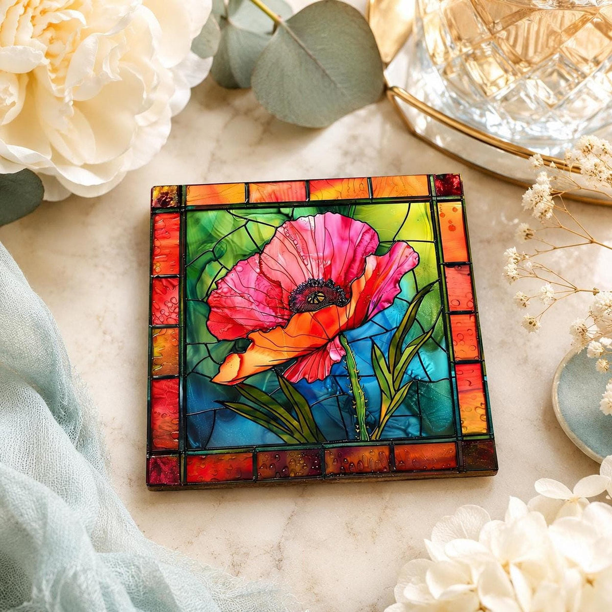 Poppy Flower Gift Ceramic Coaster, 4.25-Inch Stained-Glass Style Decor