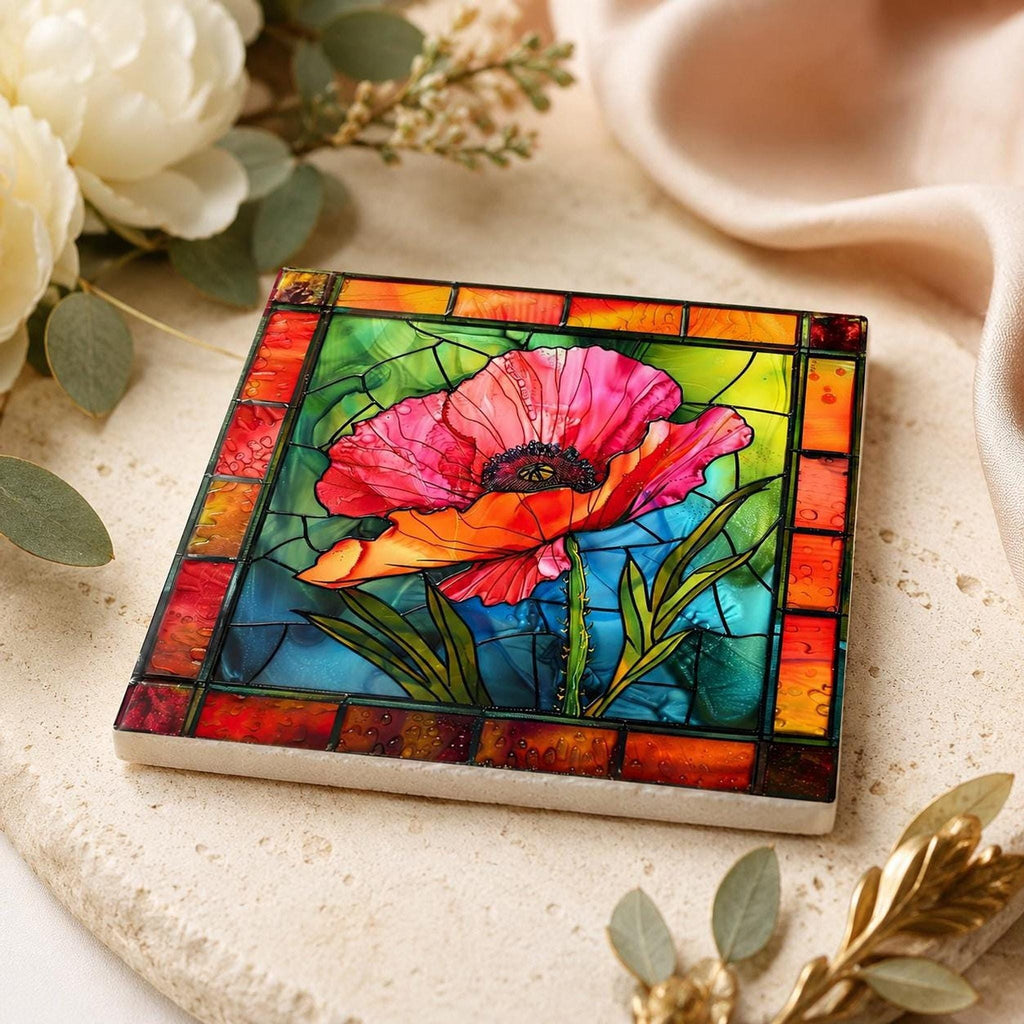 Poppy Flower Gift Ceramic Coaster, 4.25-Inch Stained-Glass Style Decor