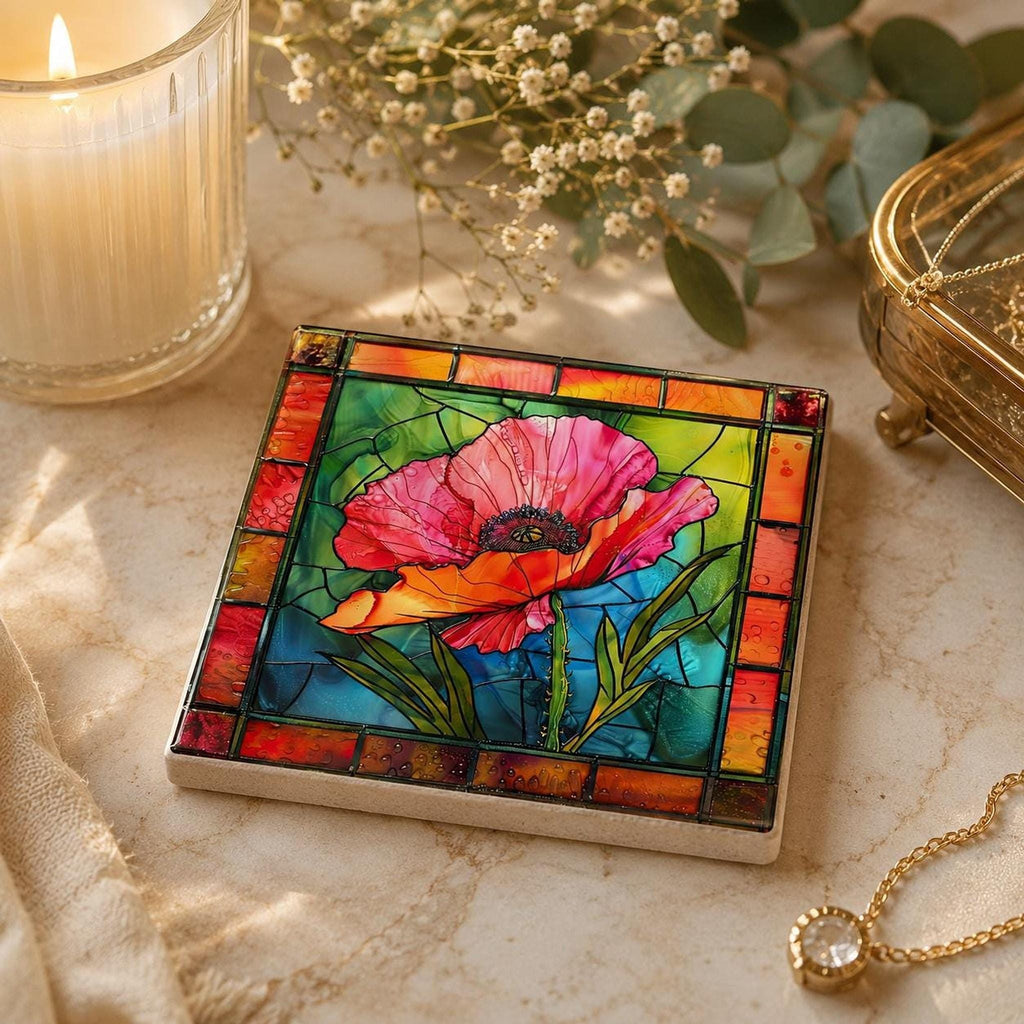 Poppy Flower Gift Ceramic Coaster, 4.25-Inch Stained-Glass Style Decor