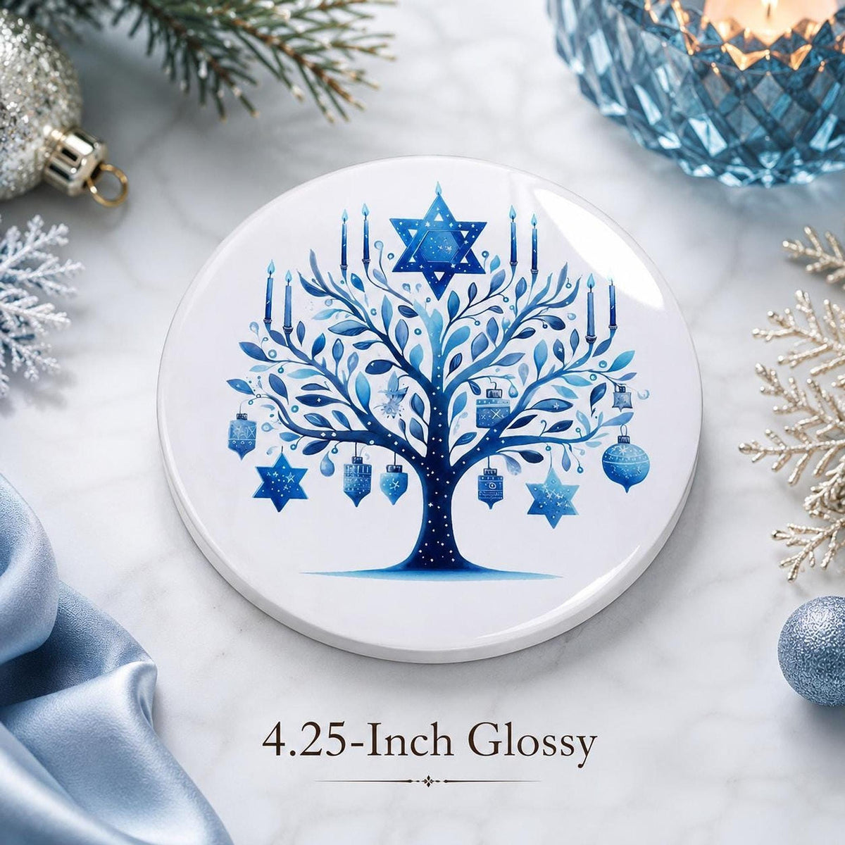 Hanukkah Coaster, Blue Ceramic Star Of David Decor, Glossy Or Matte Finish