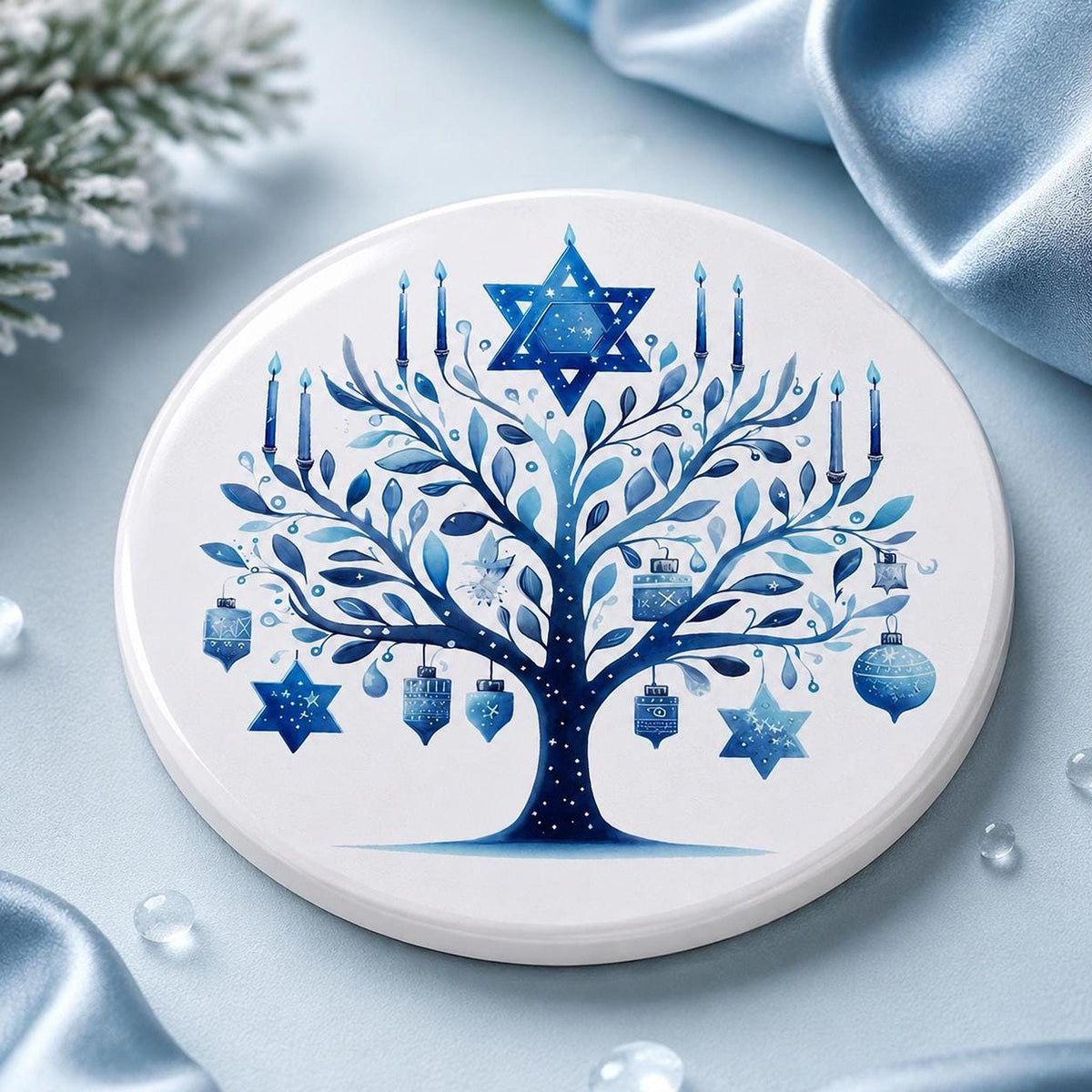 Hanukkah Coaster, Blue Ceramic Star Of David Decor, Glossy Or Matte Finish