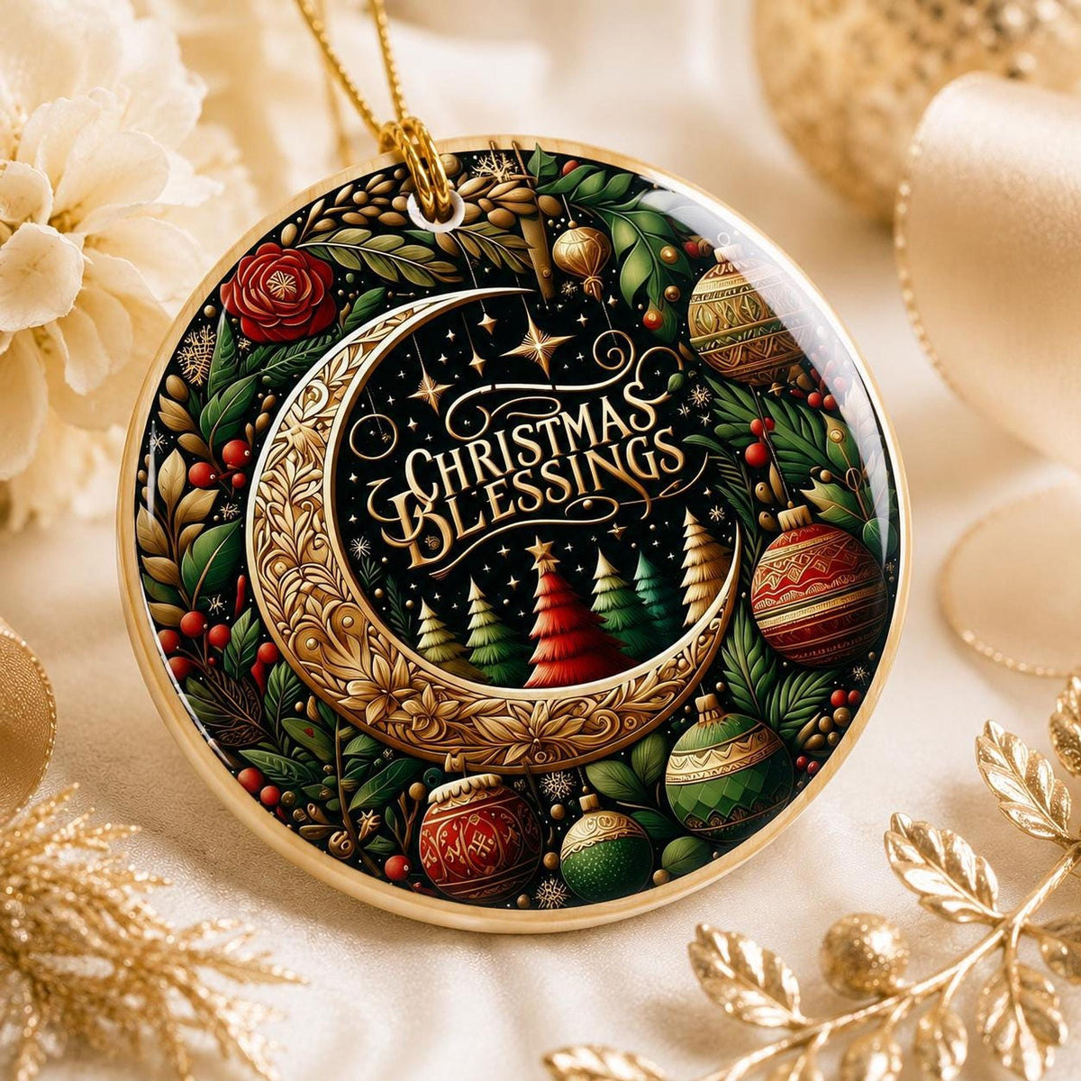 Ceramic Ornament, 3-Inch Round Christmas Blessings Moon Design Keepsake