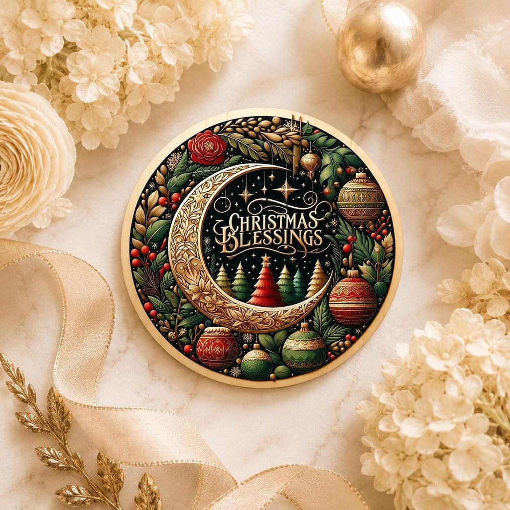 Ceramic Ornament, 3-Inch Round Christmas Blessings Moon Design Keepsake