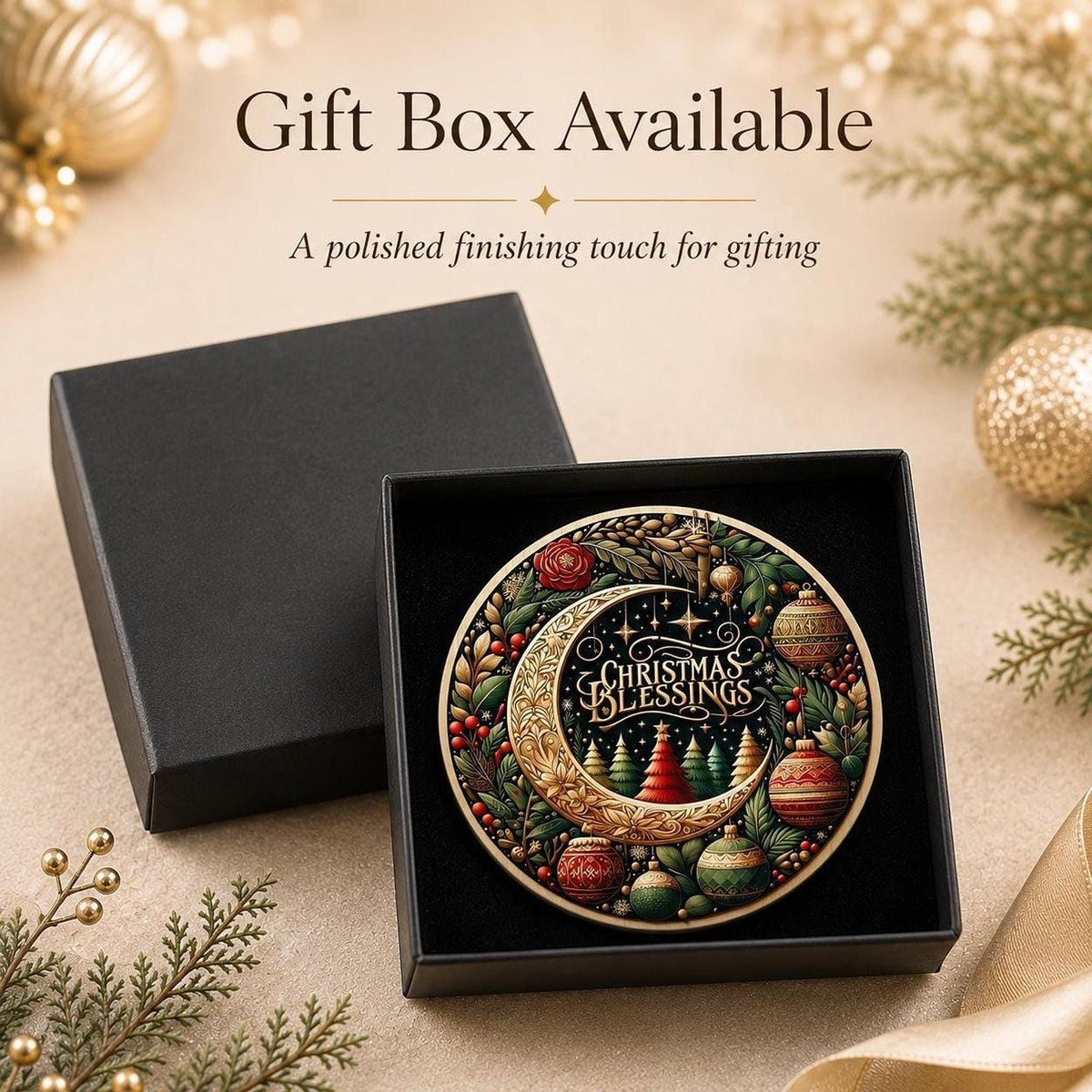 Ceramic Ornament, 3-Inch Round Christmas Blessings Moon Design Keepsake