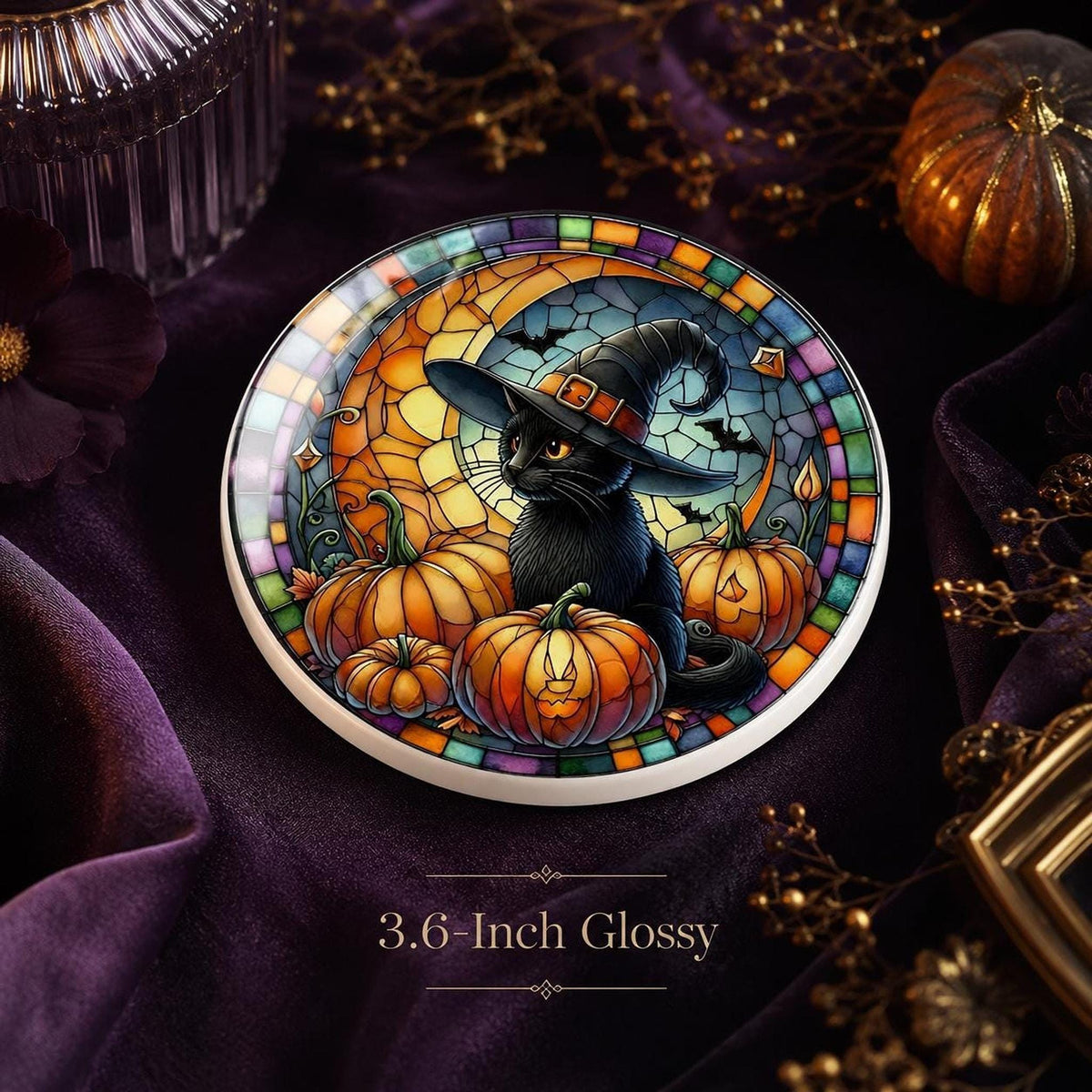 Halloween Coaster, Ceramic Black Cat with Pumpkin Design, Witch Hat