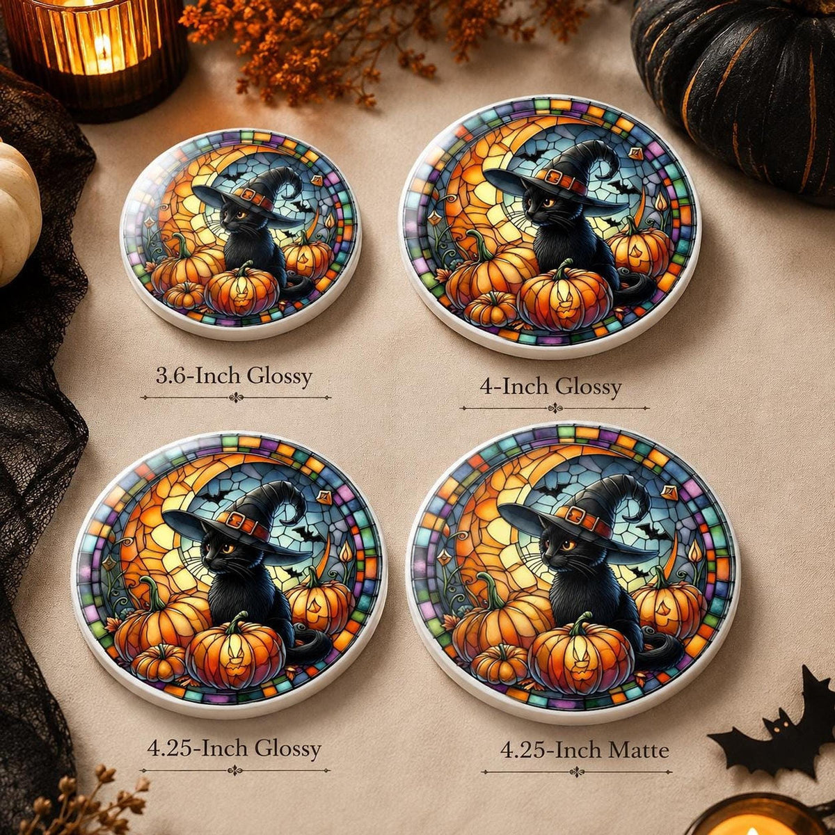 Halloween Coaster, Ceramic Black Cat with Pumpkin Design, Witch Hat
