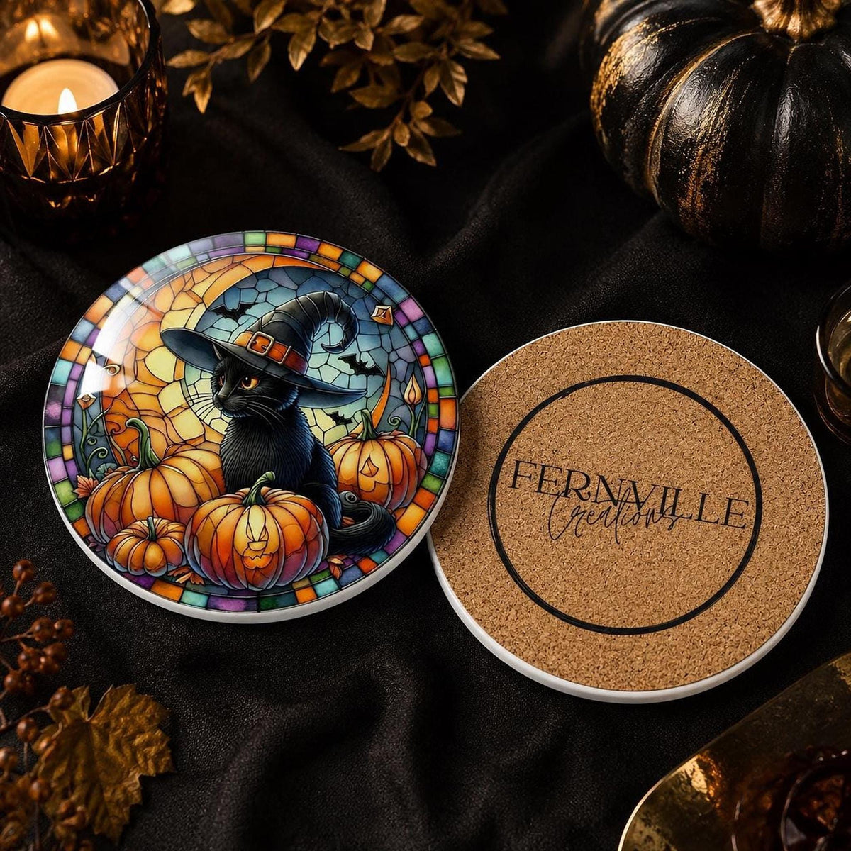 Halloween Coaster, Ceramic Black Cat with Pumpkin Design, Witch Hat