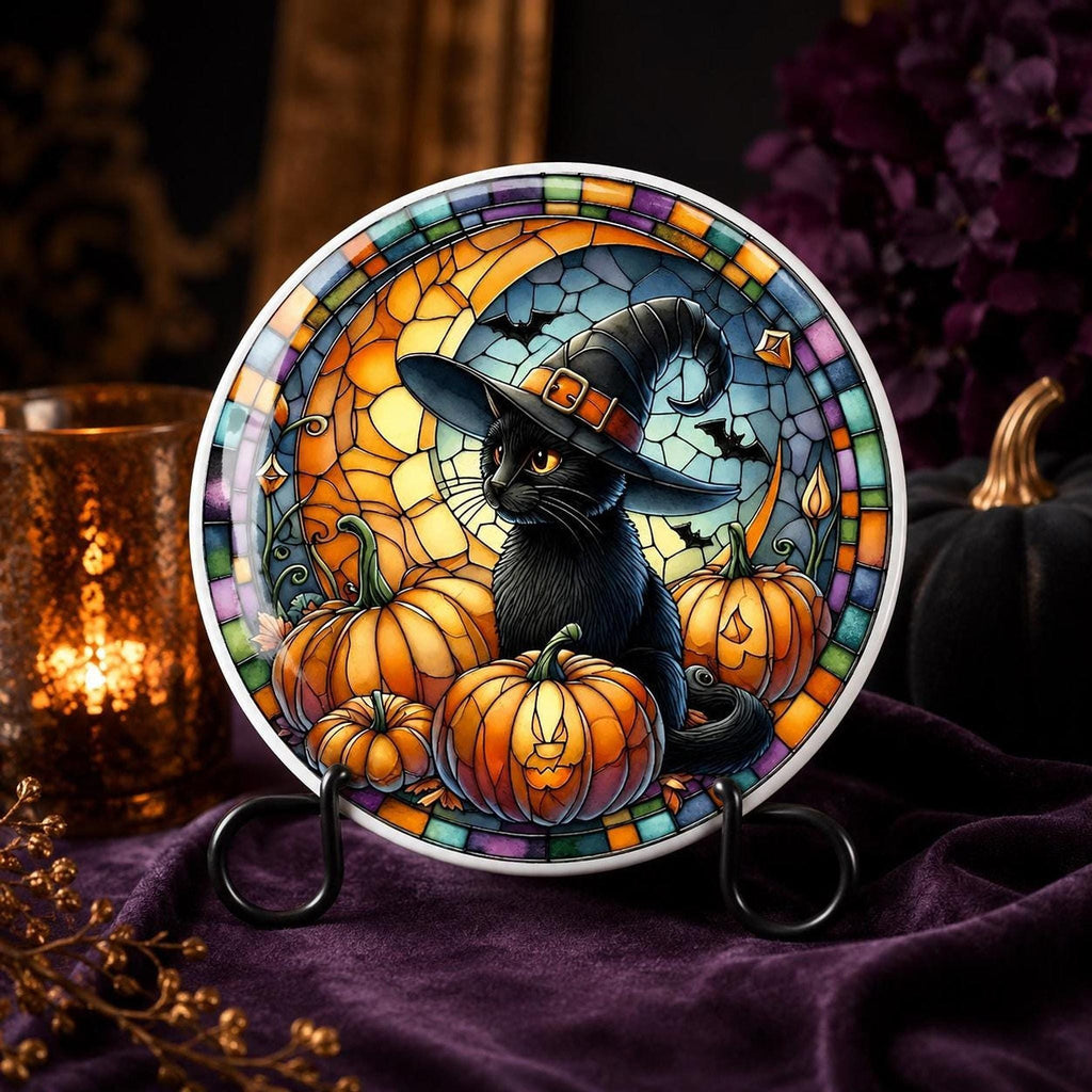 Halloween Coaster, Ceramic Black Cat with Pumpkin Design, Witch Hat